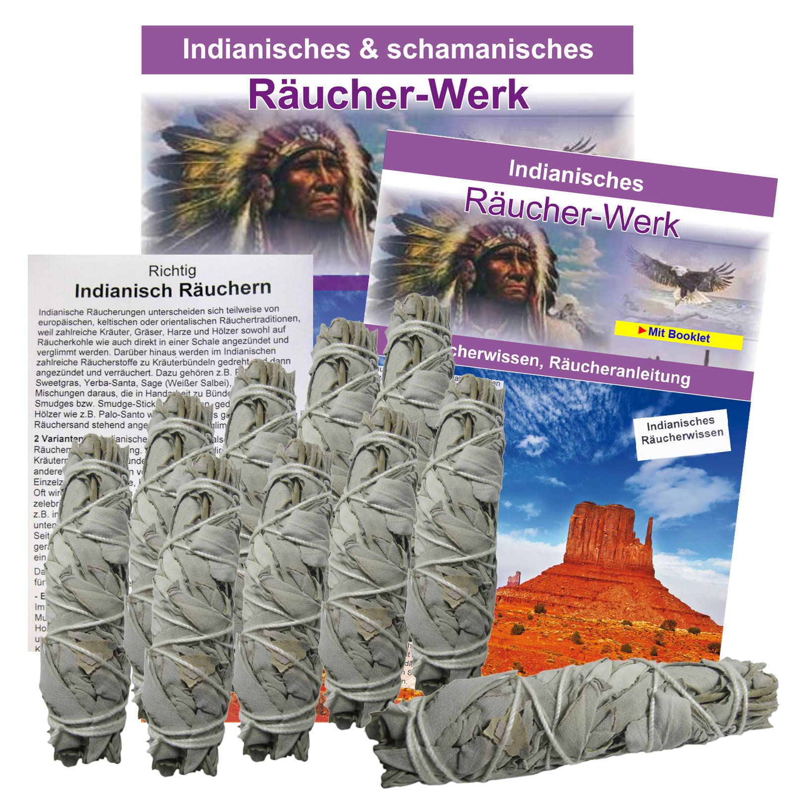 Weißer Salbei zum Räuchern 10 x Smudge Bündel 10-12cm White Sage Kalifornien. Räucherwerk + Beschreibung + Booklet + Anleitung. 81237