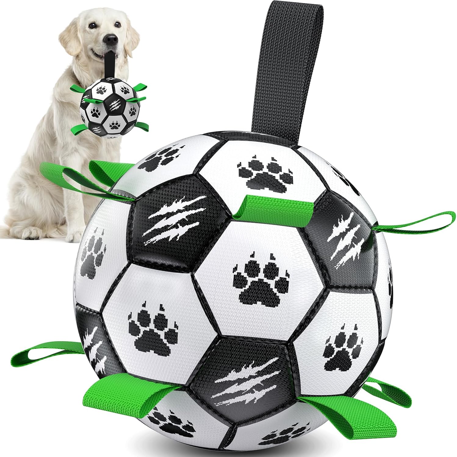 Diman Dog Soccer Ball: 7 Inch Dog Toy Balls with Straps,Durable Outdoor Dog Toys for Medium Large Pets, Dog Birthday Gifts (Black)