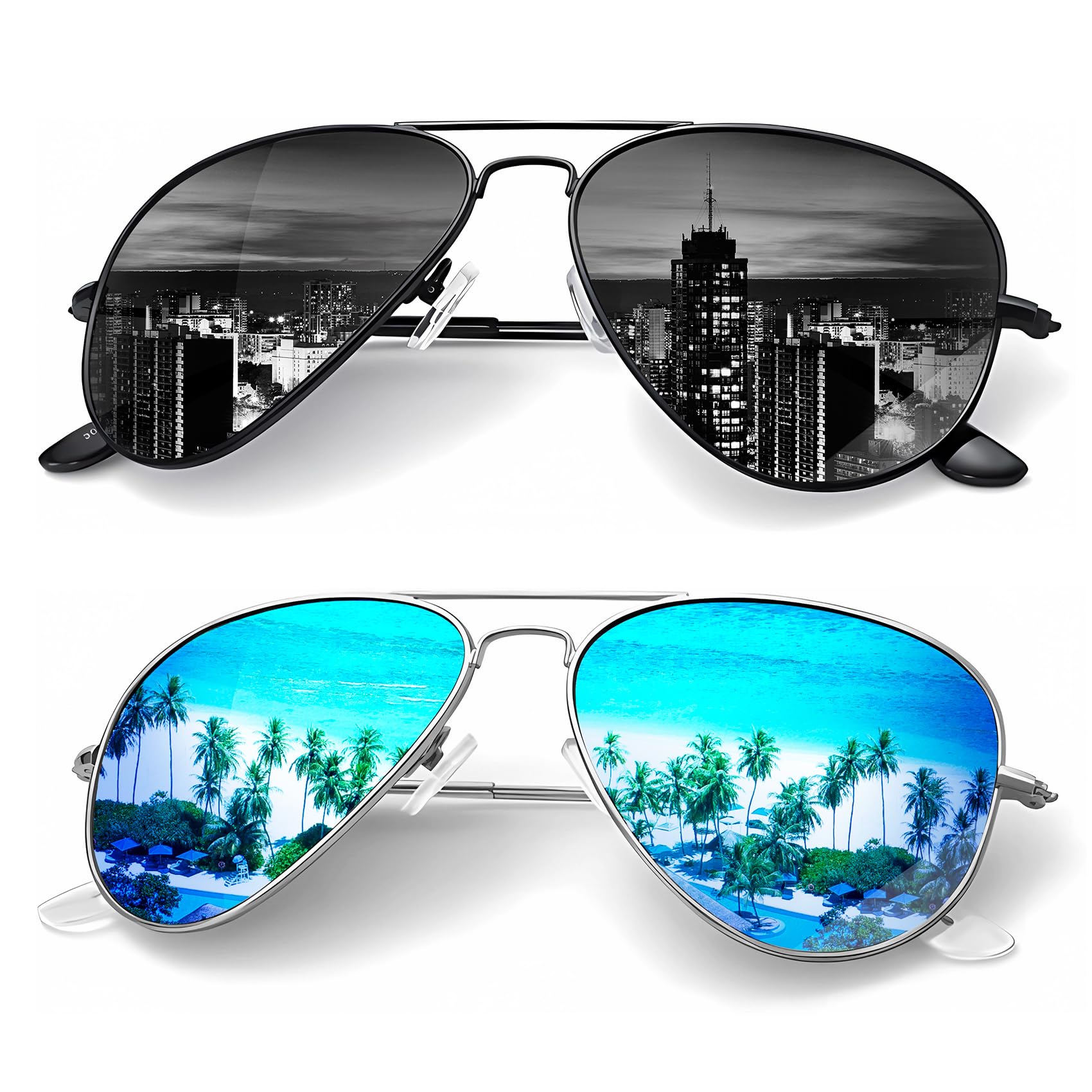 Photo 1 of KALIYADI Classic Aviator Sunglasses for Men Women Driving Sun glasses Polarized Lens UV Blocking (2 Pack) 58mm