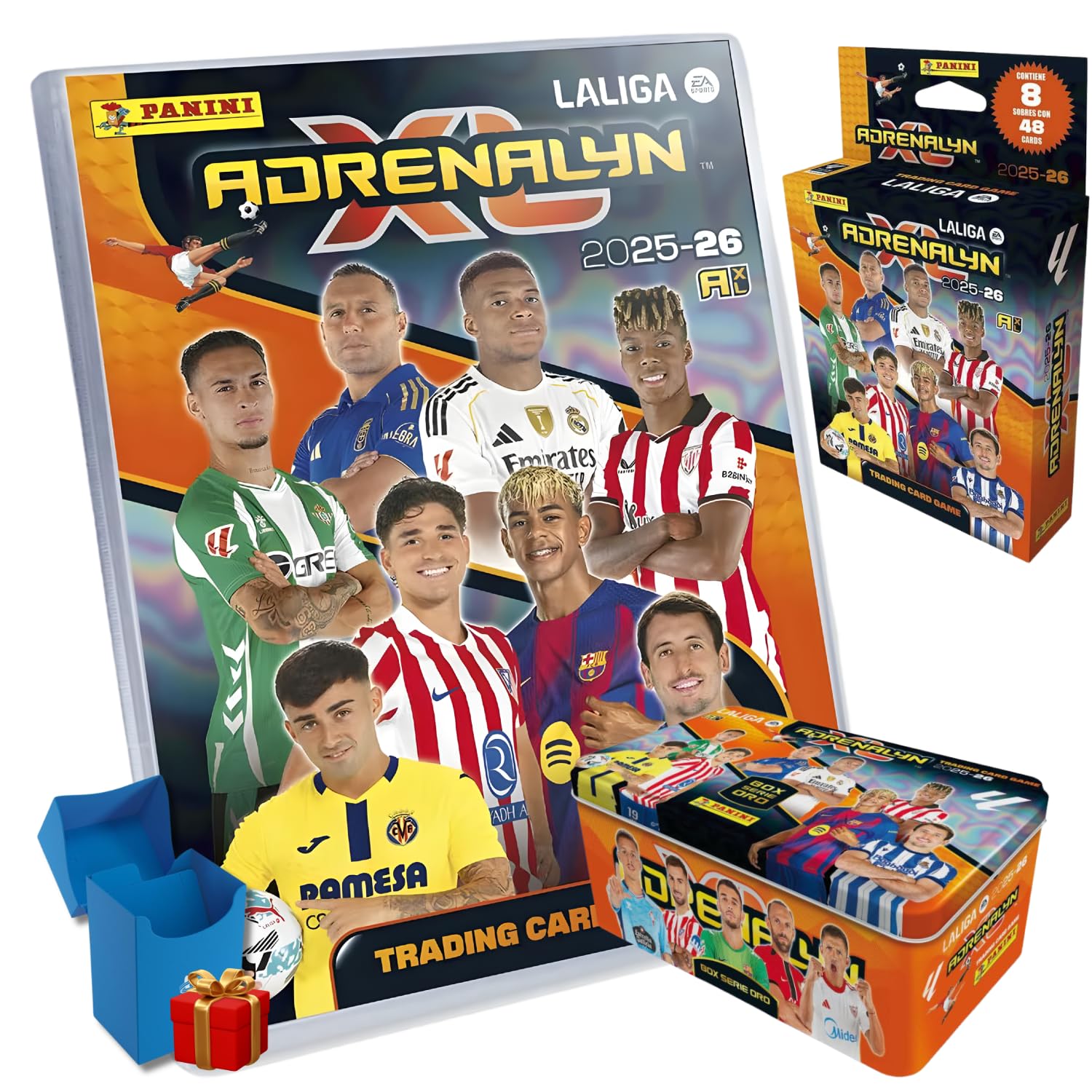 PANINI ADRENALYN XL 25/26 Pack Serie Oro con Deck Box de Regalo, Cartas Coleccionables Fútbol, Incluye Megapack, Box Serie Oro y 8 Sobres