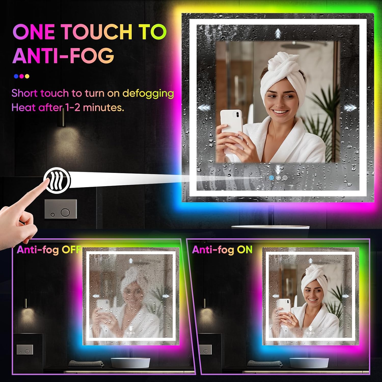 36x36 Inch RGB LED Bathroom Mirror Front Light LED Bathroom Mirror with 3 Colors, Vanity Mirror with Lights, Anti-Fog Wall Mounted, Dimmable Touch Switch Control, Memory Front and Backlit Smart Mirror