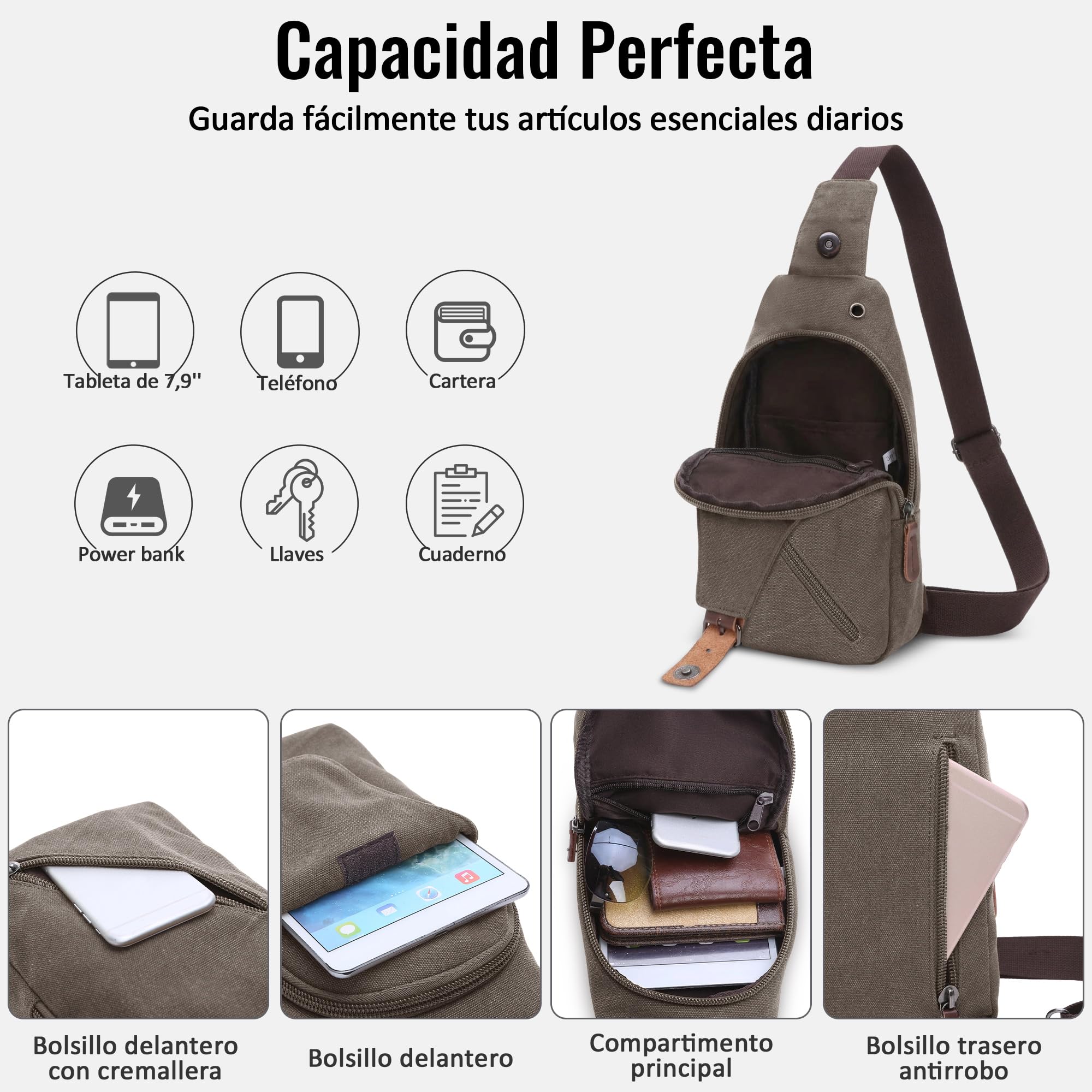 Hombre Bolsa de Pecho Pequeña Bolsa Mensajero para 7.9 Pulgada iPad con Orificio para Auriculares Adecuado Viajar Montañismo Trabajar Casuale Lienzo Cómodo Bolso Bandolera Hombre Gris