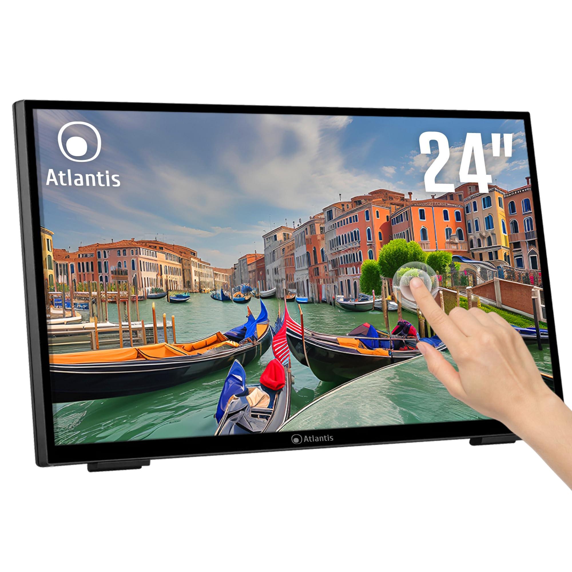 Atlantis Monitor Touch 24 pollici Full HD a 10 tocchi, vetro 7H | 1920x1080 HDMI/VGA/DP, inclinazione 15°-70°, vetro protettivo 7H contrasto 3000:1, angolo 178°, VESA 100, cod. A05-T24A-VHDM