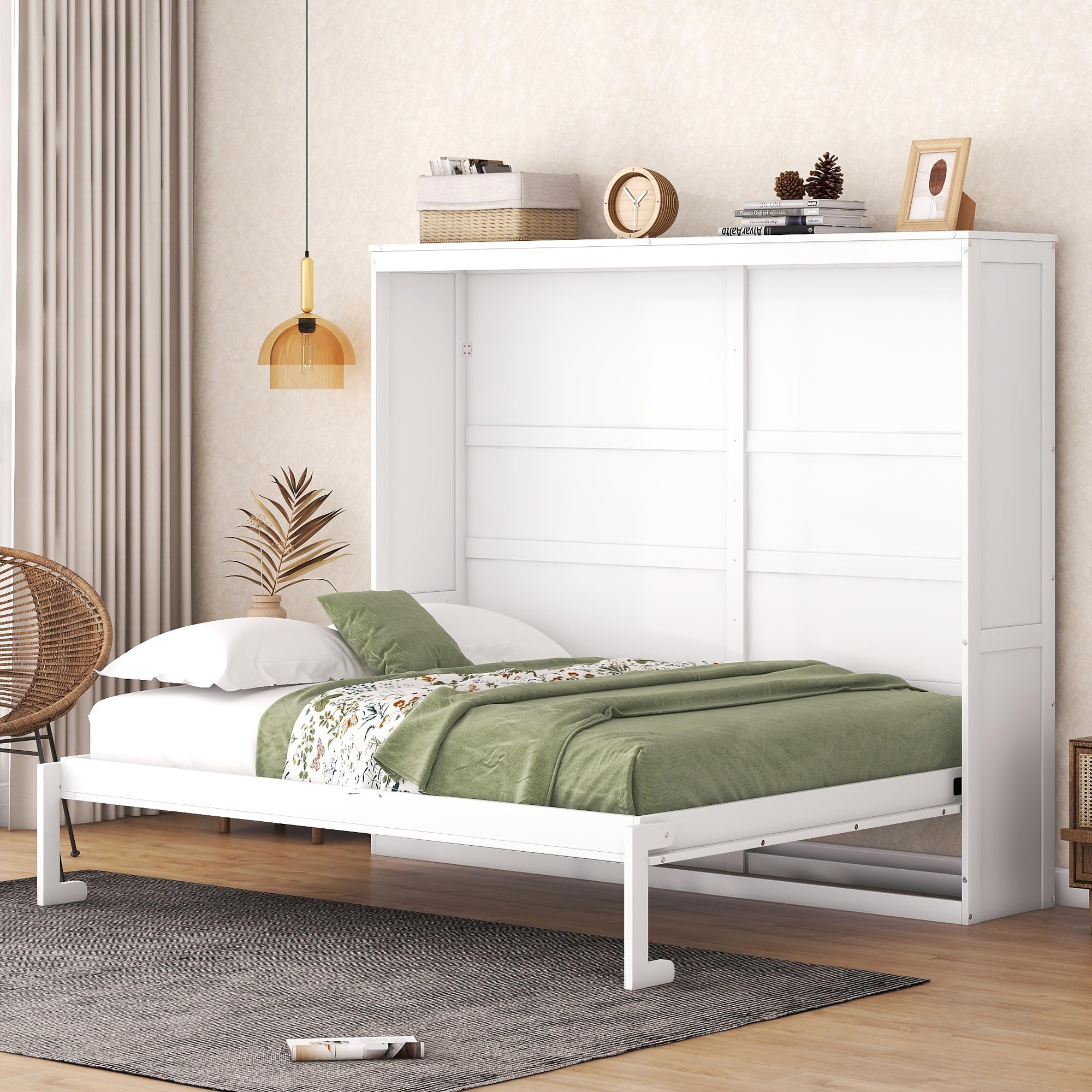 SOFTSEA Queen Horizontal Murphy Bed, can be Folded into a Cabinet, Wood Wall Bed Frame Hideaway Murphy Bed Cabinet for Guest Room, Bedroom, Home