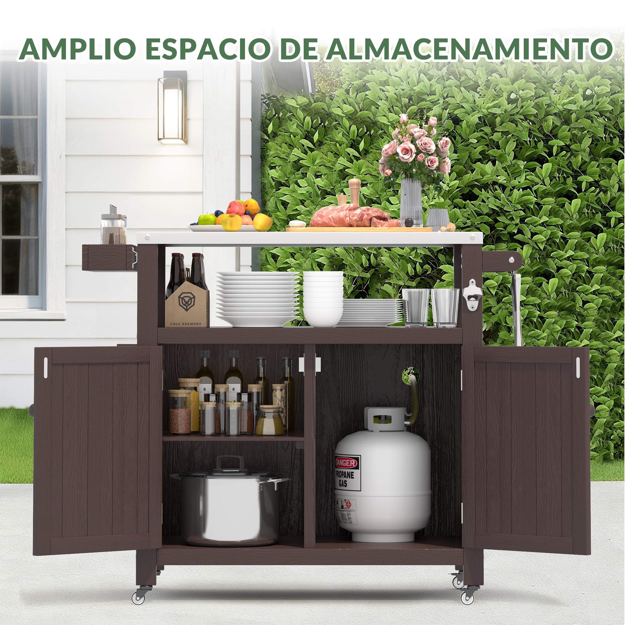 Carrito de Parrilla para Exteriores con Cubierta de Acero Inoxidable, Carrito de jardín Hips Resistente a la Intemperie, Isla de Cocina portátil con Ruedas, Ganchos y Estante Lateral