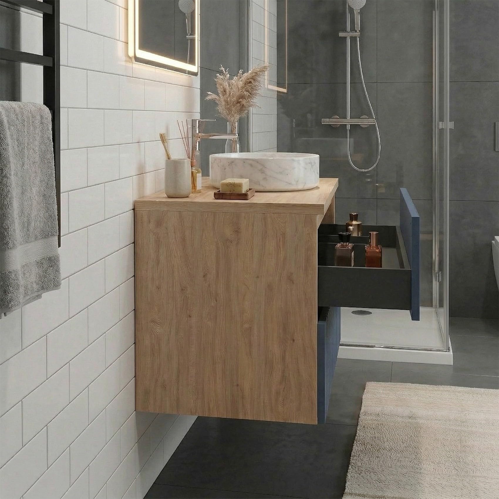 SANIVERRE EVA Meuble Vasque à Poser Suspendu L.100 cm Chêne Naturel 2 Tiroirs Bleu Mer Cannelé (sans Colonne) Salle de Bain
