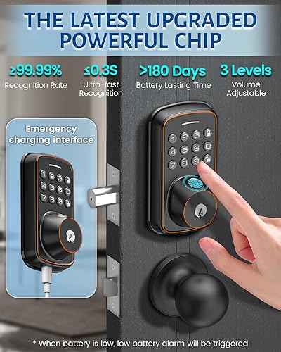 Miniatura 6 de Cerradura de puerta de entrada sin llave con asa, cerradura de puerta inteligente con huella digital, liberación 5 en 1, bloqueo automático,