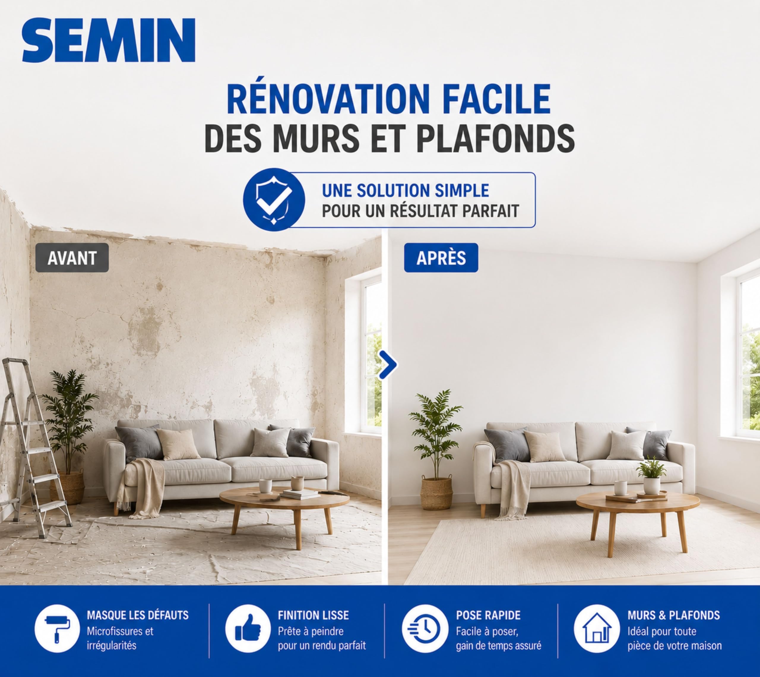 SEMIN Sem-Renov ECO – Revêtement Lisse de Rénovation à Peindre 25 x 1 m – Toile Murale pour Murs et Plafonds – Masque Défauts et Microfissures – Pose Facile – 150 g/m²