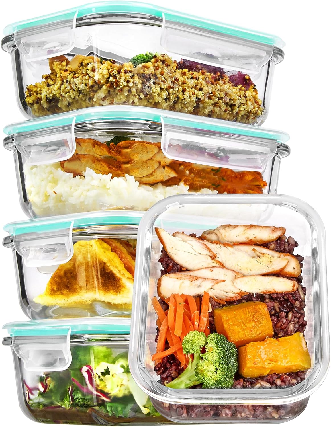 Vtopmart 5Pack 22oz Glass Storage Containers with Lids, Glass Meal Prep Food Container Sets with Snap Airtight Lids for Microwave, Oven, Freezer and Dishwasher, Green