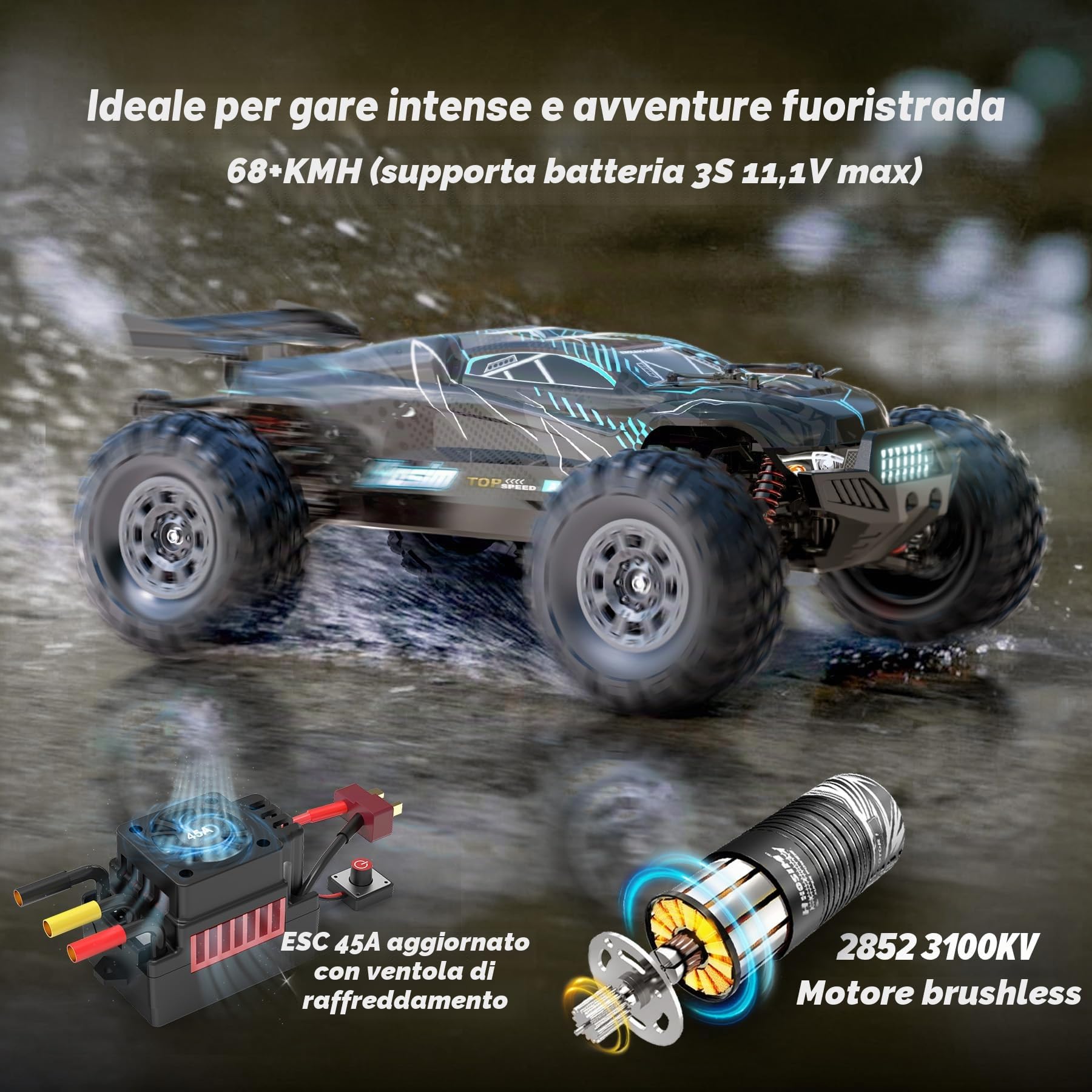 Hosim Auto radiocomandata brushless 1/10 per adulti, 68+ km/h, auto telecomandata ad alta velocità, 4 WD, impermeabile, fuoristrada, hobby, veloce RC Truck, 2,4 G, auto elettrica RC con 2 batterie per