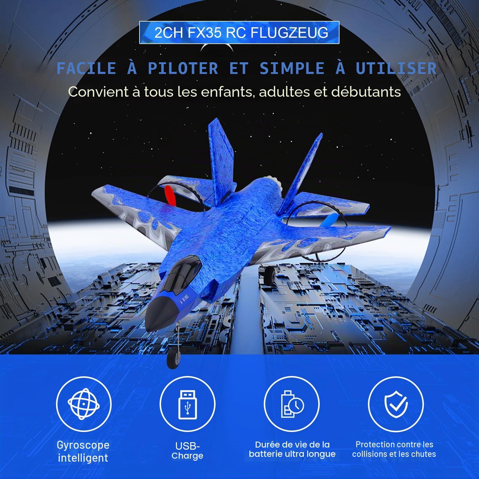 Henakmsl Avion radiocommandé F35 2CH HW39 Fighter 2,4 GHz RTF pour débutants, enfants et adultes avec veilleuse, chargement USB (bleu)