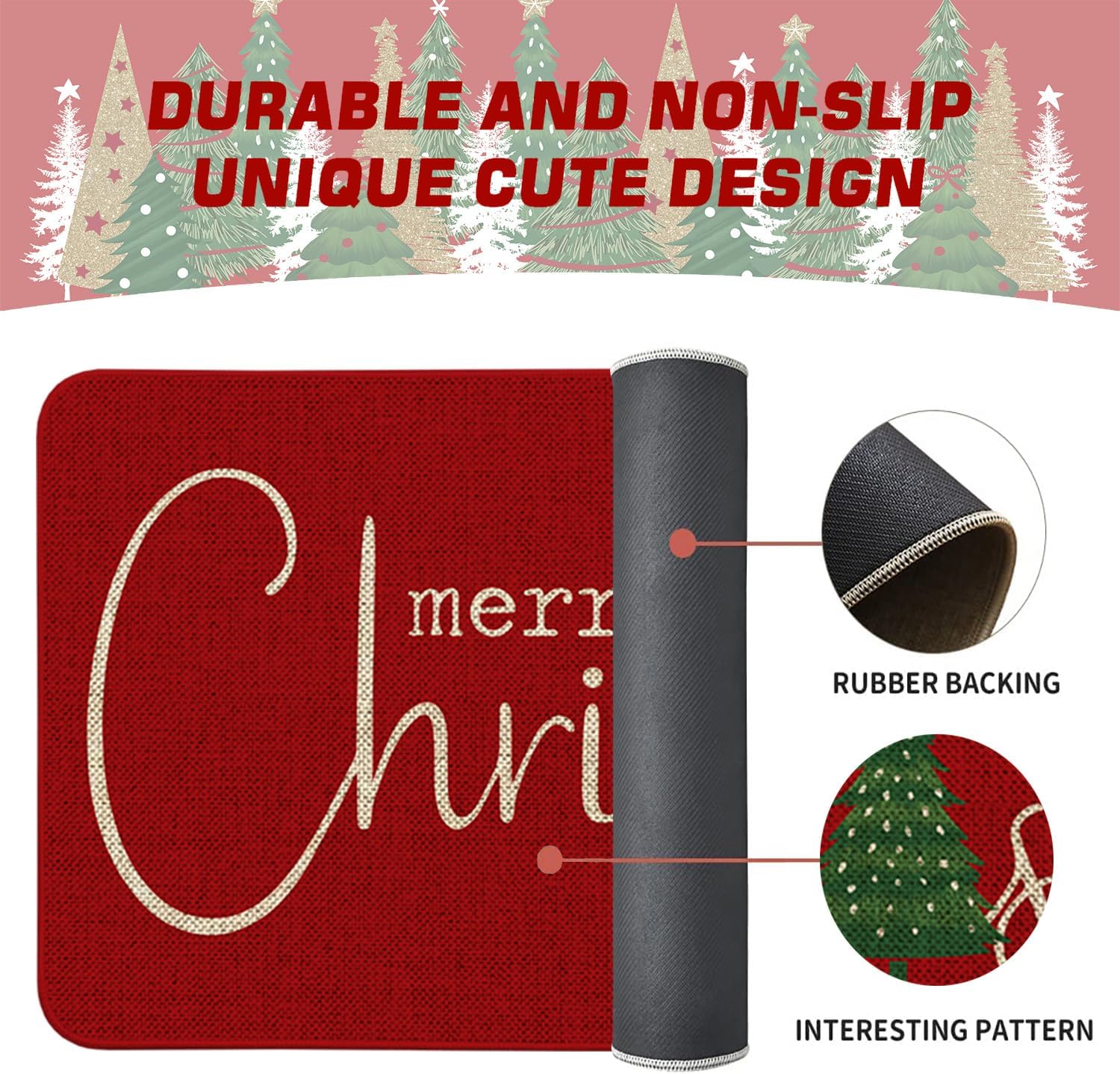 Merry Christmas Kitchen Rugs Sets of 2, Xmas Holiday Christmas Tree Kitchen Mat Decor Home Decorations, Red