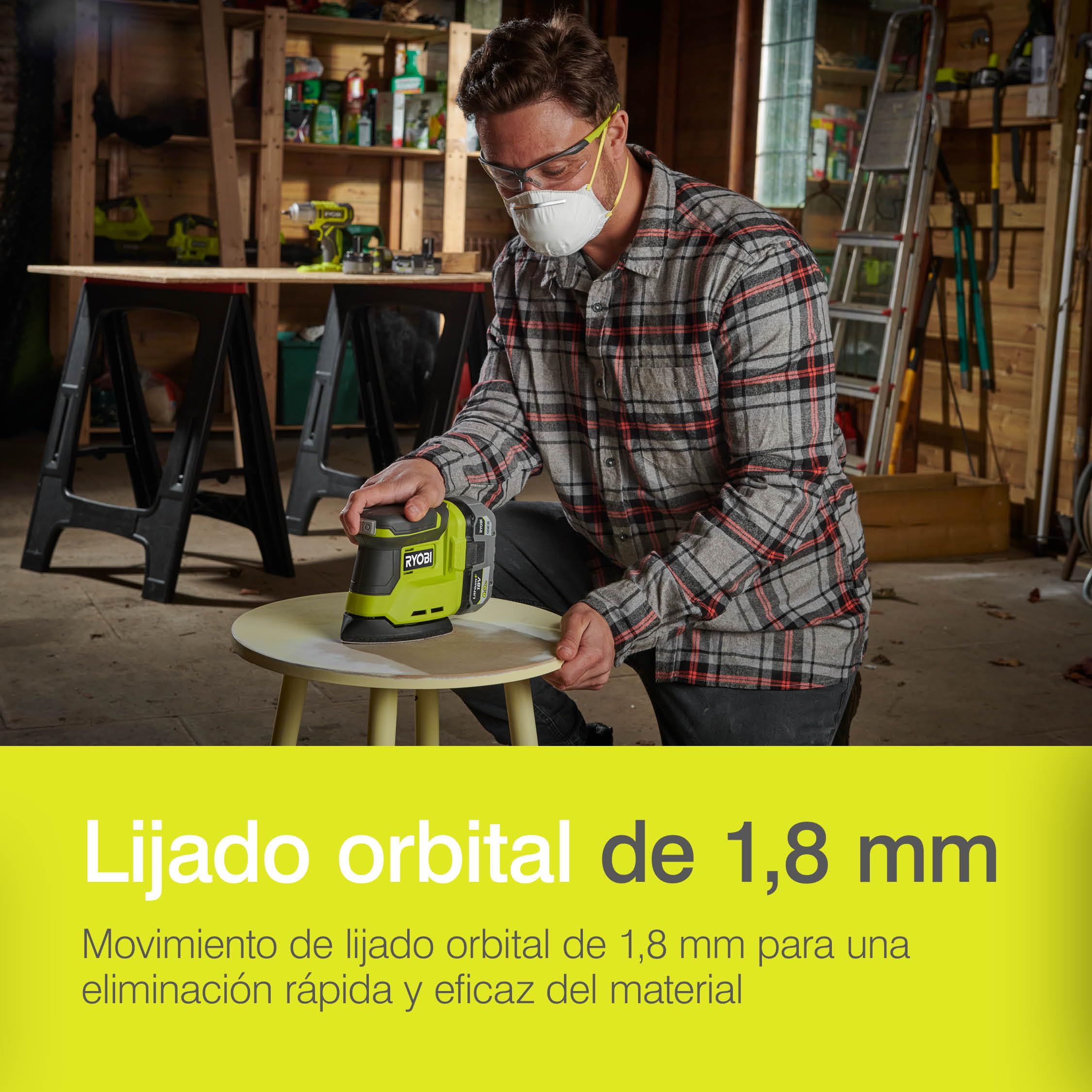 RYOBI - Lijadora Triangular 18V ONE+ - base de lijado 100x140mm, Boquilla de Aspiración - Ø Oscilación 1,8mm, 22000osc/min - para Acabados Finos/Pintura - 6 Abrasivos, sin Batería, Cargador - RPS18-0