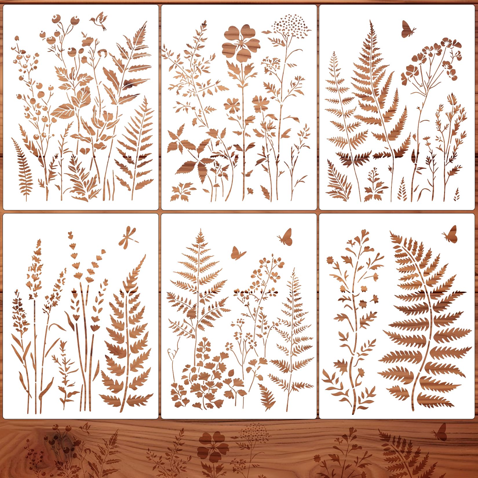 Botanical Wall Stencil Kit for Painting, Large Reusable Plastic Fern, Leaf & Flower Templates, 6 Pack DIY Seamless Stencils for Crafts, Canvas & Home DéCor Art