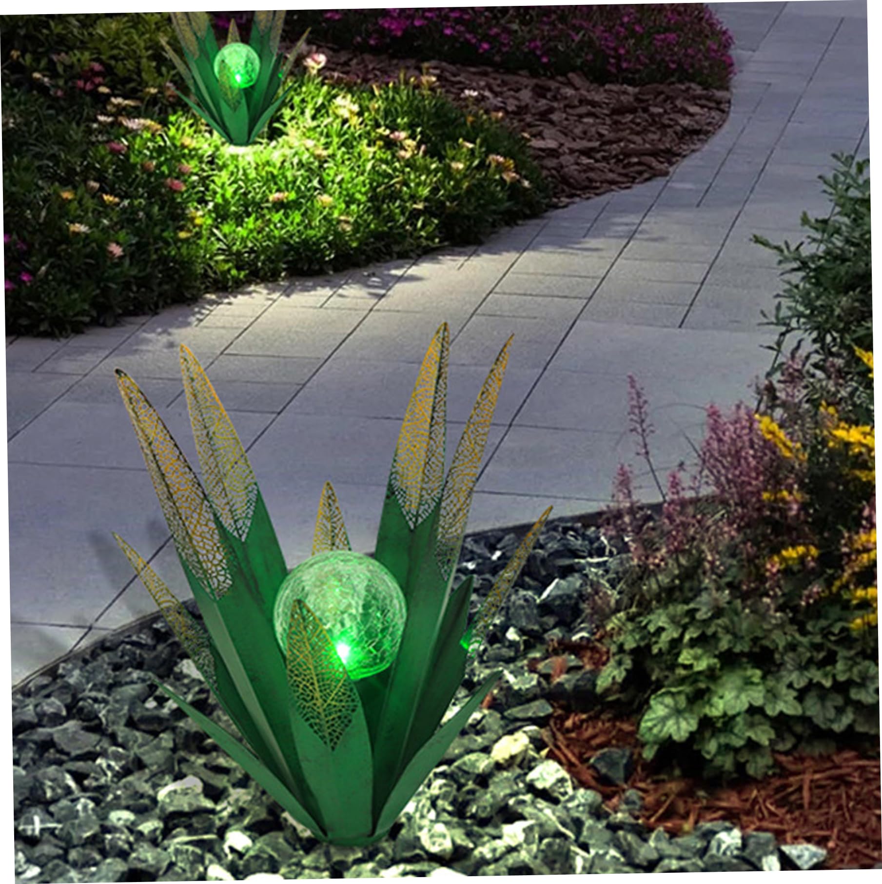 Plantes en métal agaves en métal décoration extérieure Lot de 2 Lampes solaires de Jardin avec découpe Unique éclairage LED pour terrasse pelouse et Jardin Vert