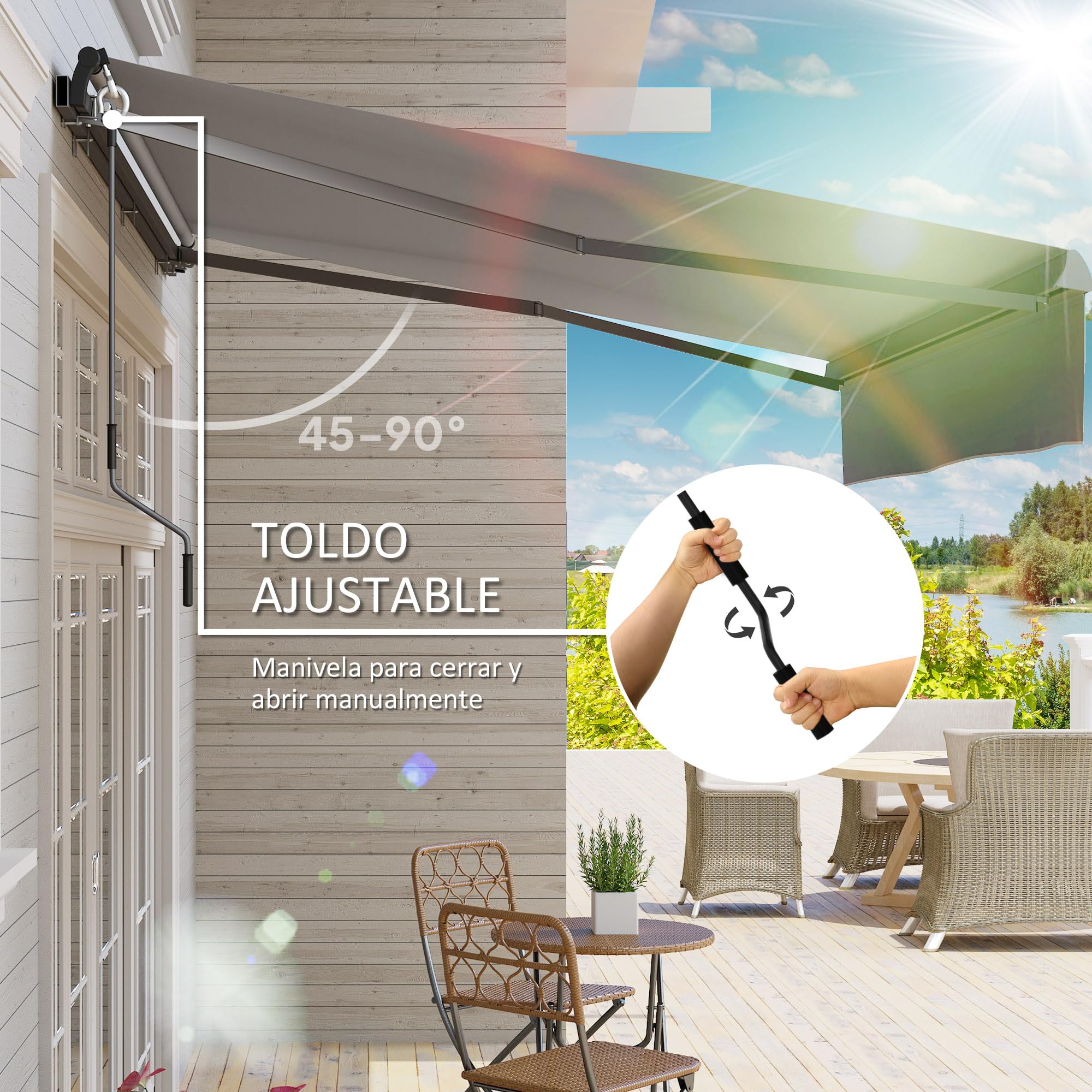 Outsunny Toldo Manual Retráctil 3x2 m Enrollable con Manivela UV50+ Gris | Toldo Exterior Terraza, Ajustable, Estructura de Aluminio y Metal, para Balcón Jardín