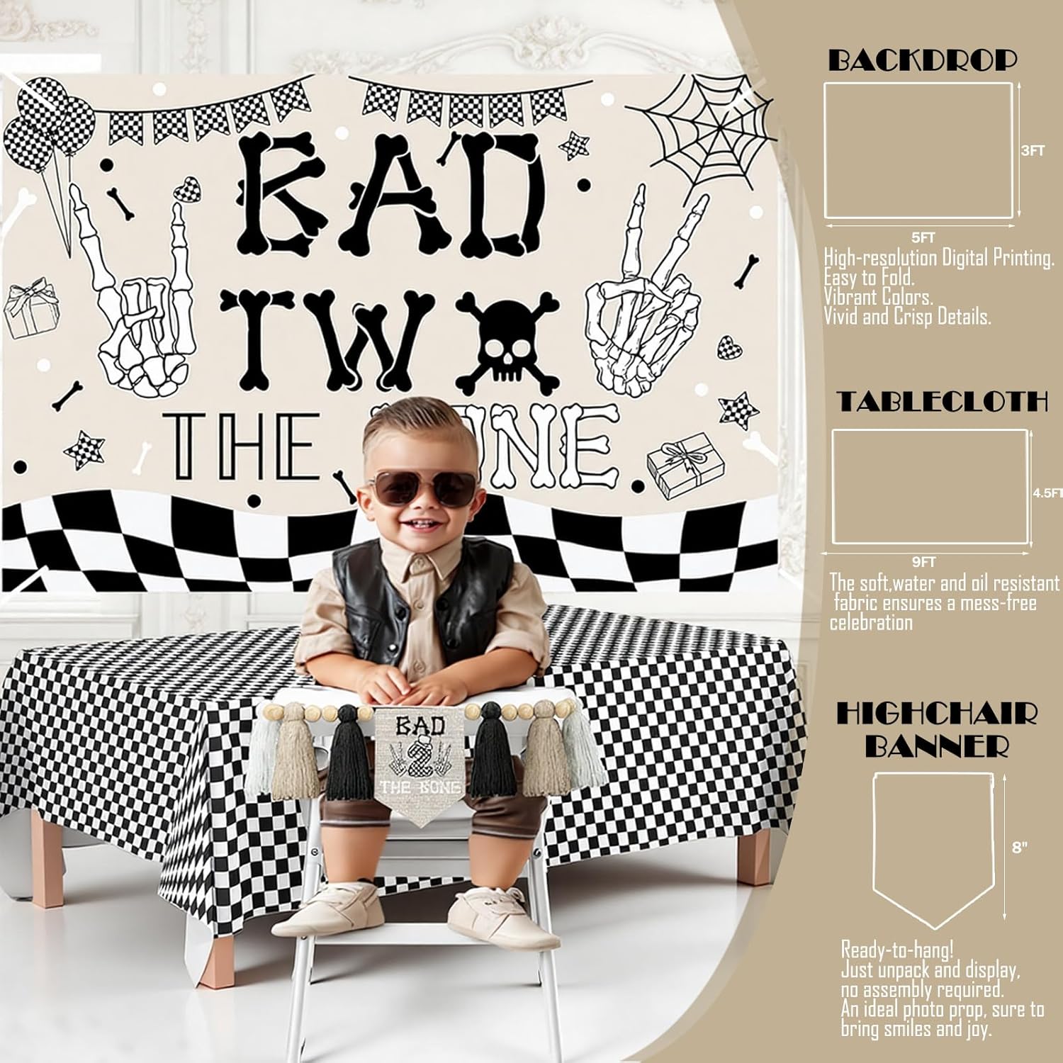 Bad Two the Bone Party Decorations for Boy – 134 PCS Bad 2 the Bone Party Supplies Includes Balloons, Tablecloth, Banner, Cake Topper, Poster, Crown for Boy 2nd Birthday