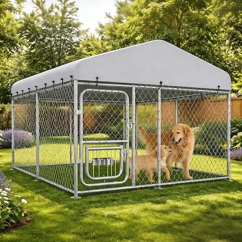 COMHOMA 7.5×7.5FT Outdoor Dog Kennel with Adjustable Bowls Feeder Heavy Duty Extra-Large Dog Enclosure with Roof & Lock All Weather Resistant for Medium Large Dogs