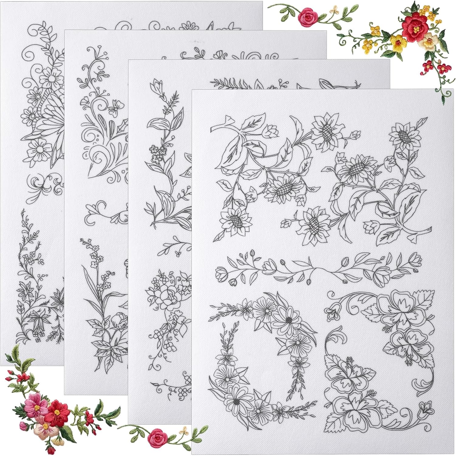 Lekgavd Water Soluble Embroidery Patterns, Stick and Stitch Embroidery Transfer Patterns, Flower Embroidery Stickers for Clothes Bags Hats Home Textiles Sewing Craft for Women