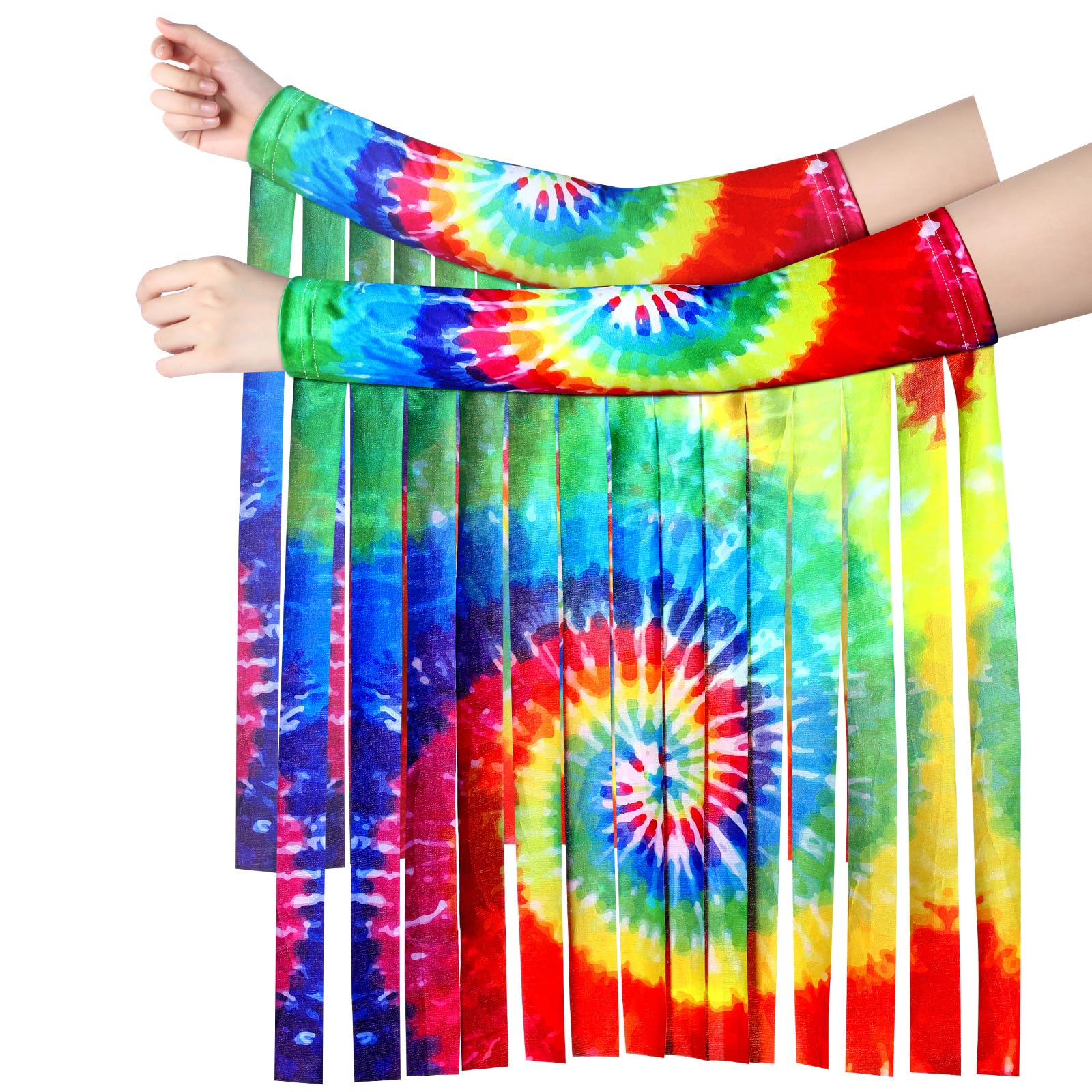 Blosssound 70s Hippie Costume Accessories for Women Tie Dye Arm Sleeves Rainbow Fringe Arm Warmers 60s Outfits Retro Tassel Fingerless Sleeves Long