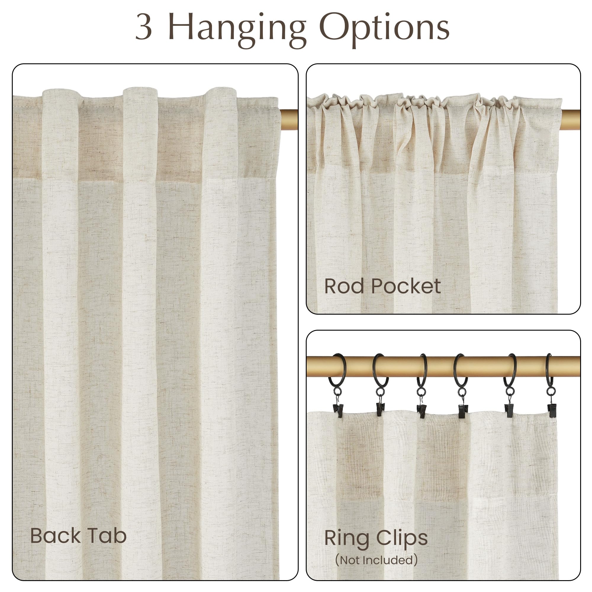 PONY DANCE Rideau Voilage Epais - Rideaux pour Fenêtre Salon Lin Naturel, Passe Tringle Protecter la Confidentialité, Decoration Chambre, 2 Pcs, L140 x H300 cm, Beige Clair | Tissu semi-transparent 150 g/m² pour chambre à coucher, intimité décorative, ave