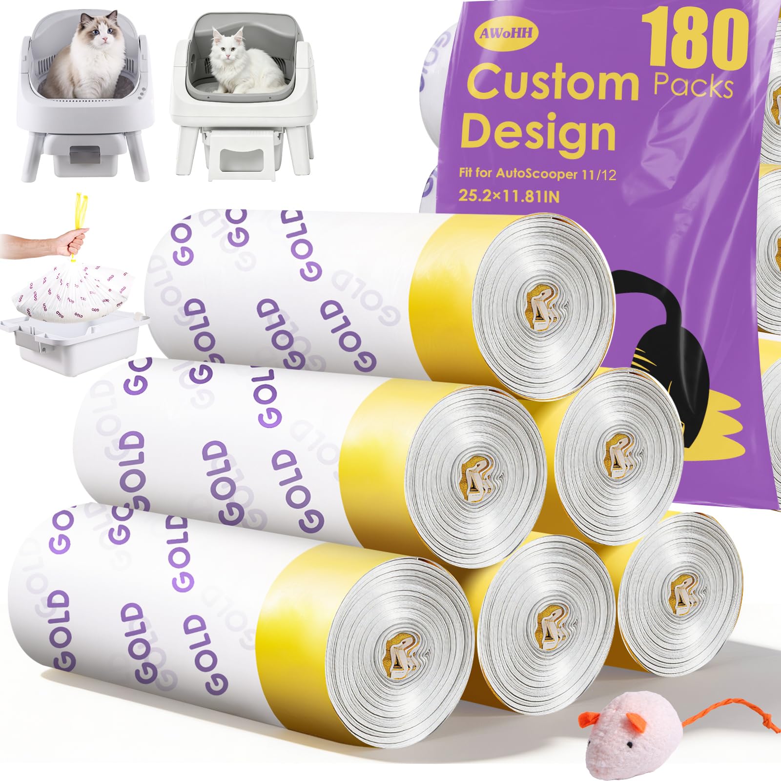 180 Count Automatic Cat Litter Box Bags for Pet Pivot AutoScooper 11 Open-Top Self-Cleaning Cat Litter Box, Heavy Duty Leak-Proof, Drawstring Design, Unscented, 25.19” x 11.8”