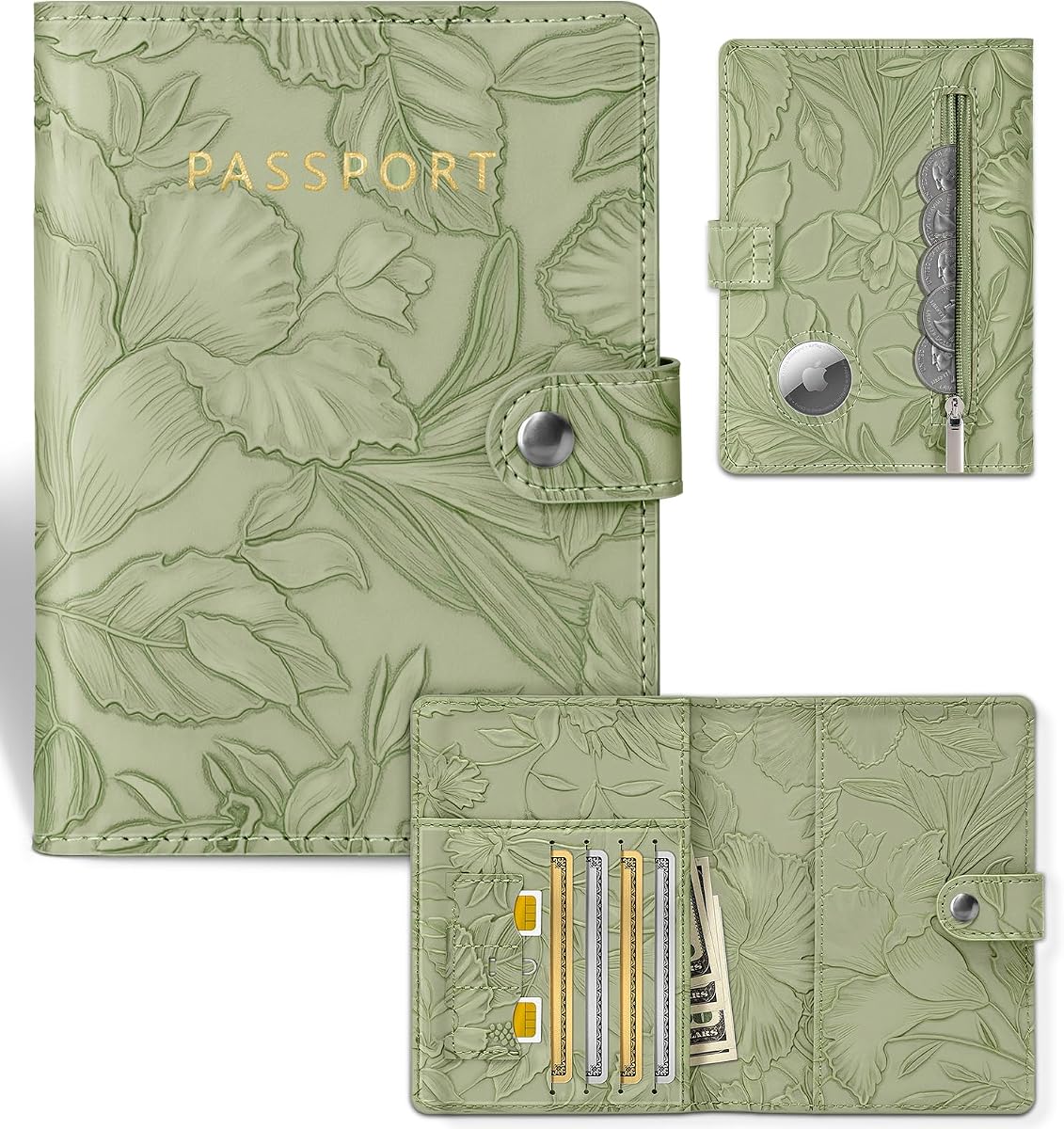 Elegant RFID Passport Holder for Travel with AirTag Sage Green | Floral Embossed Passport Wallet for Women, Slim Vegan Leather Travel Organizer with Money Pocket and Card Slots