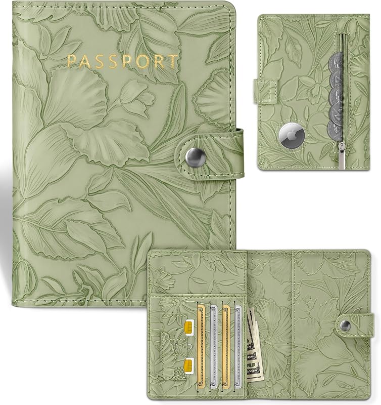 Elegant RFID Passport Holder for Travel with AirTag Sage Green | Floral Embossed Passport Wallet for Women, Slim Vegan Leather Travel Organizer with Money Pocket and Card Slots