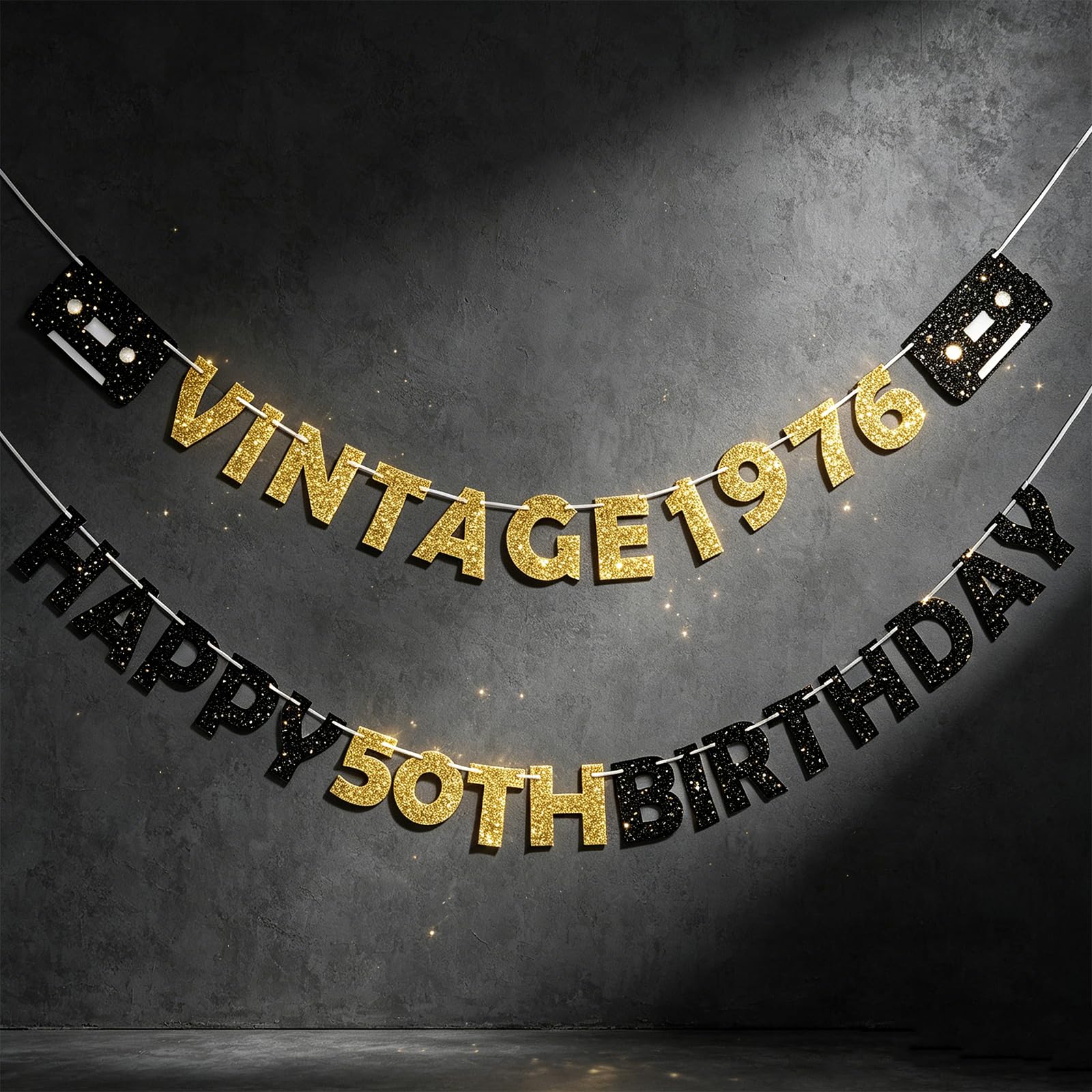 50th Birthday Banner, Gold and Black Vintage 1976 Happy 50th Birthday Sign, Reusable Party Decorations with No Shed Glitter for Adults Birthday Party Backdrop Home Decor