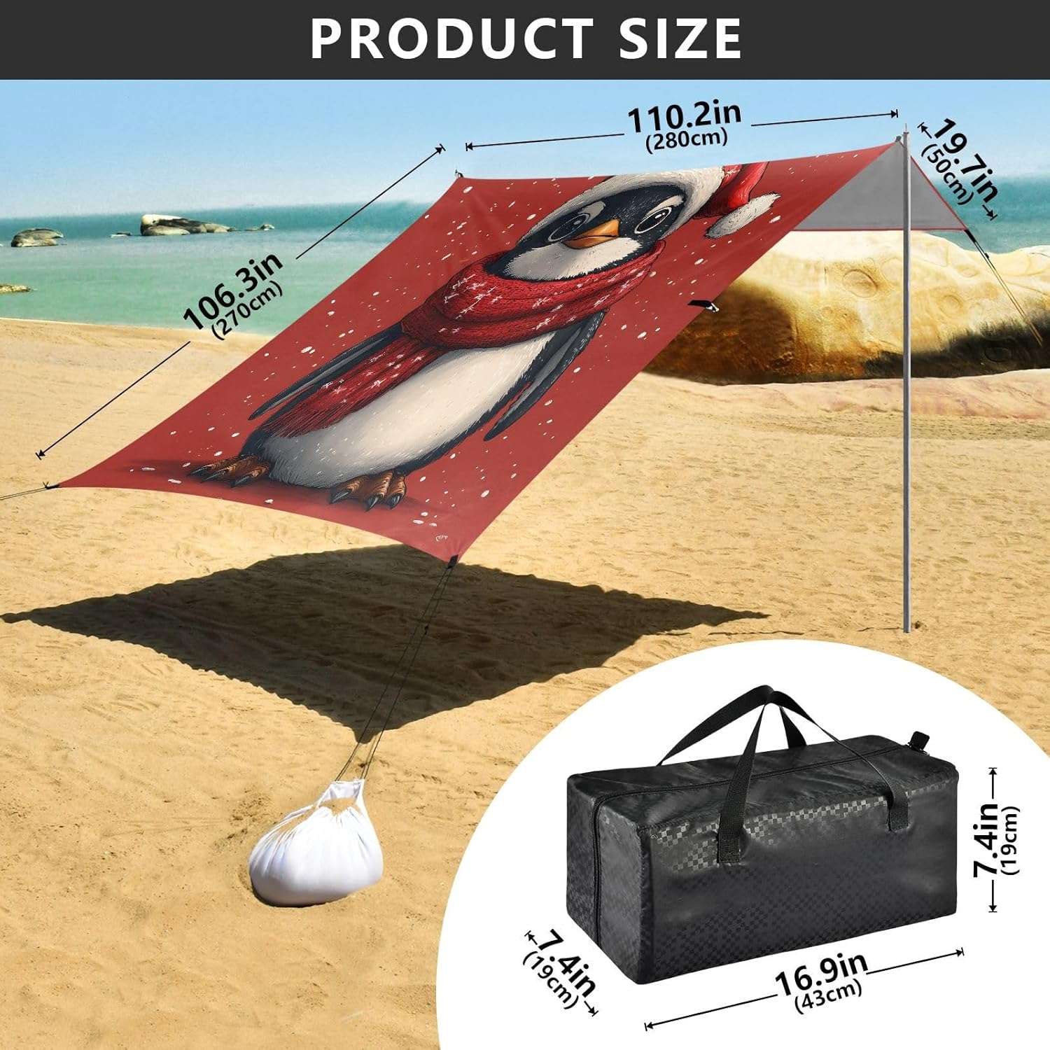 ALAZA Christmas Penguin Beach Tent Sun Shelter UPF50+ Protection Beach Shade Canopy w/ 4 Sandbags for Outdoor Camping, Fishing, Backyard Fun, Picnic, 10x9 ft