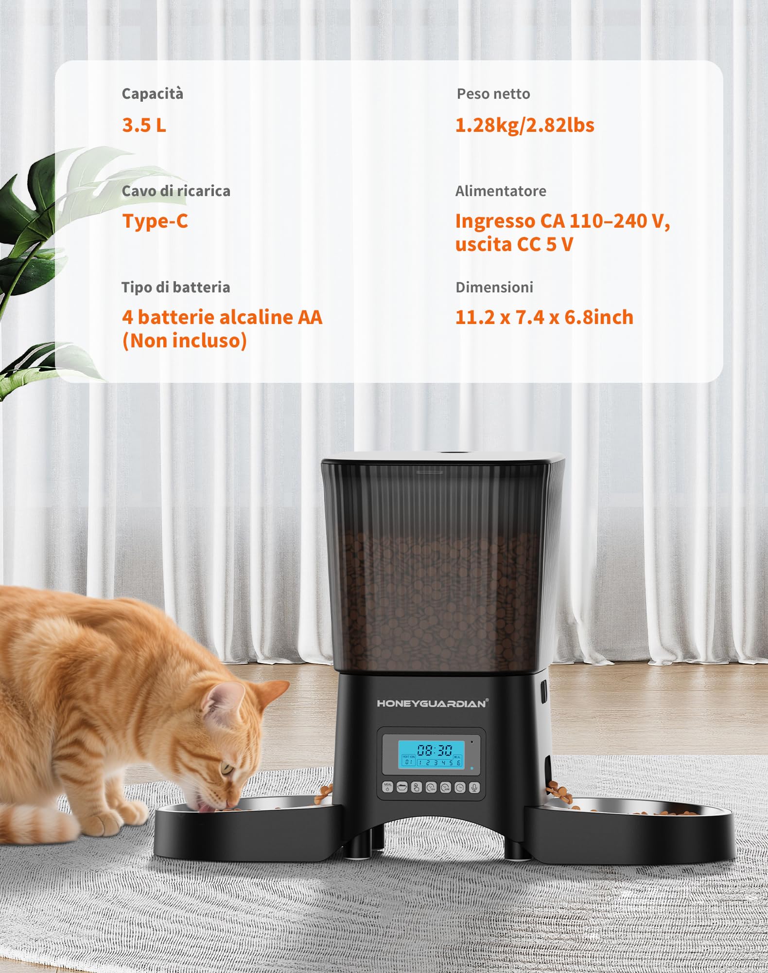 HoneyGuaridan Distributore Automatico Cibo Gatti con Programmable Timer | 3.5L dispenser crocchette gatto, 2 ciotole in acciaio inox 304 e 2 ciotole slow feed, 1-6 pasti/giorno, 1-24 porzioni/pasto