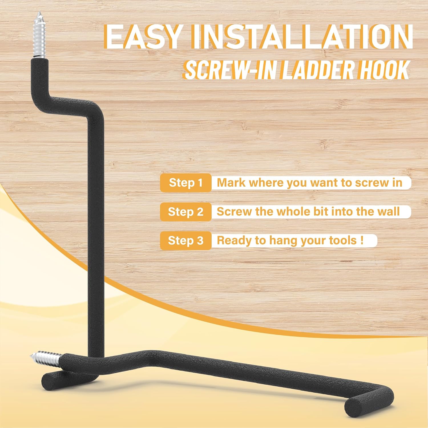 Screw in Ladder Hook, Black Heavy Duty Tool Holders 4PC, Bike Hooks, Wall Mount Garage Storage Hanger, Shelf Organizer for Hanging Bike, Ladder, Folding Chair, Cord (8.46'' (Width:2''))