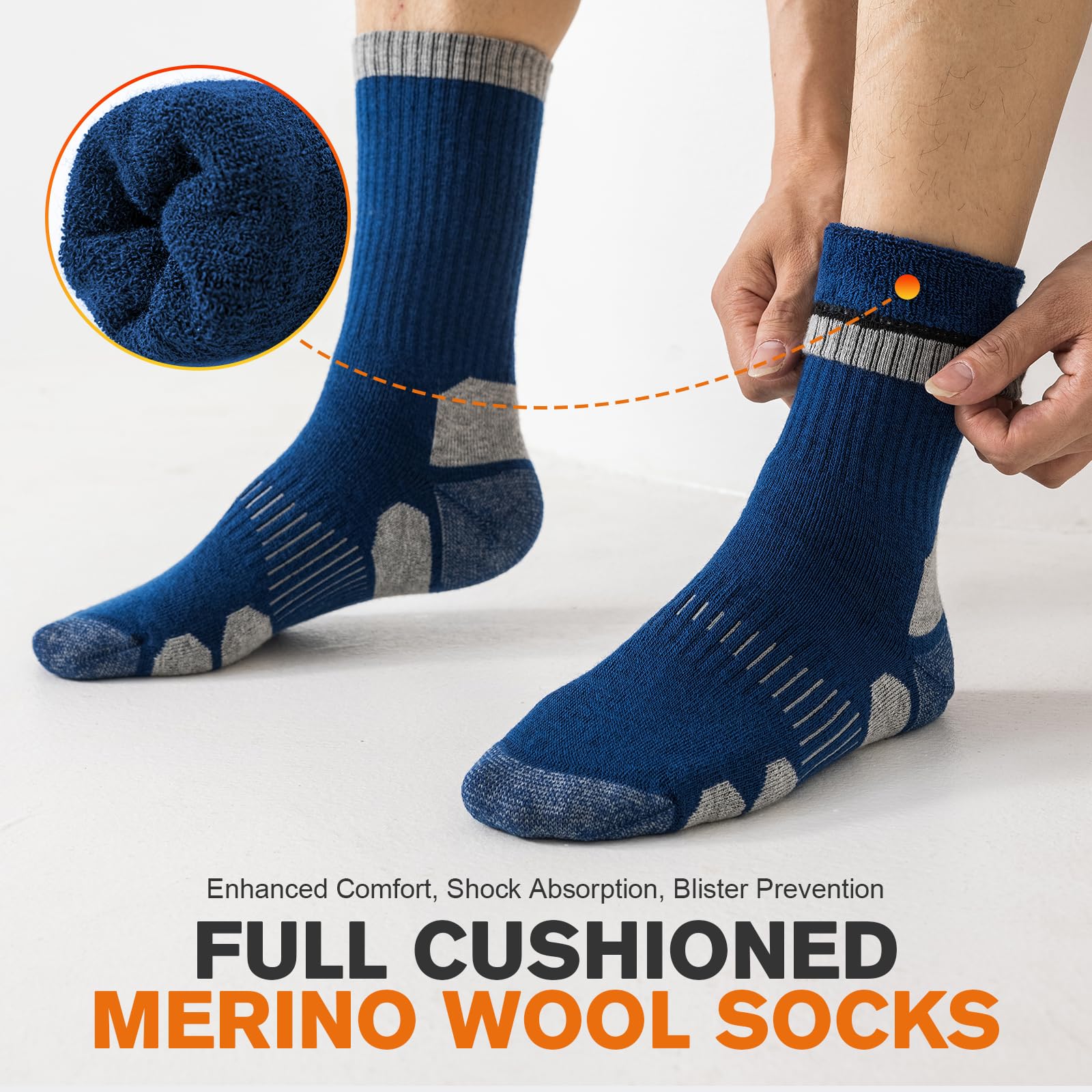 Niorasen Merino Wool Hiking Socks for Men & Women, Thick Cushioned Walking Socks, Seamless & Breathable Anti-Blister Crew Socks for Sports, Running, Outdoor, Work, Cycling, Trekking,3 Pairs Unisex — view 5