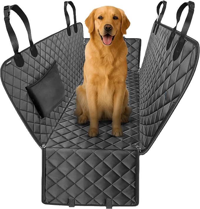 The Pup Quartet dog seat cover hammock installed in a car back seat