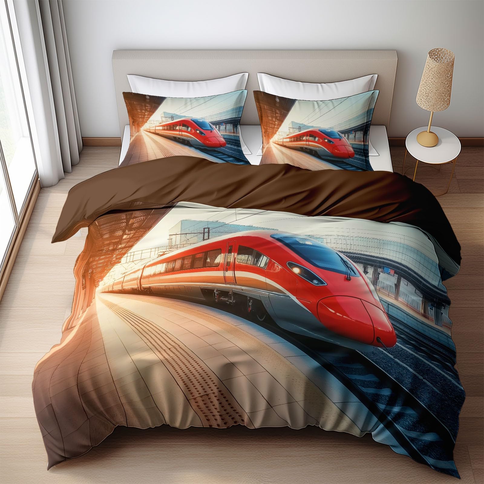 Pościel 3D, 200 x 200 cm, nowoczesny zestaw pościeli z pociągiem o dużej prędkości, ciemnobrązowy, miękki, nie wymaga prasowania, oddychający, z zamkiem błyskawicznym, w zestawie 1 poszwa na kołdrę i