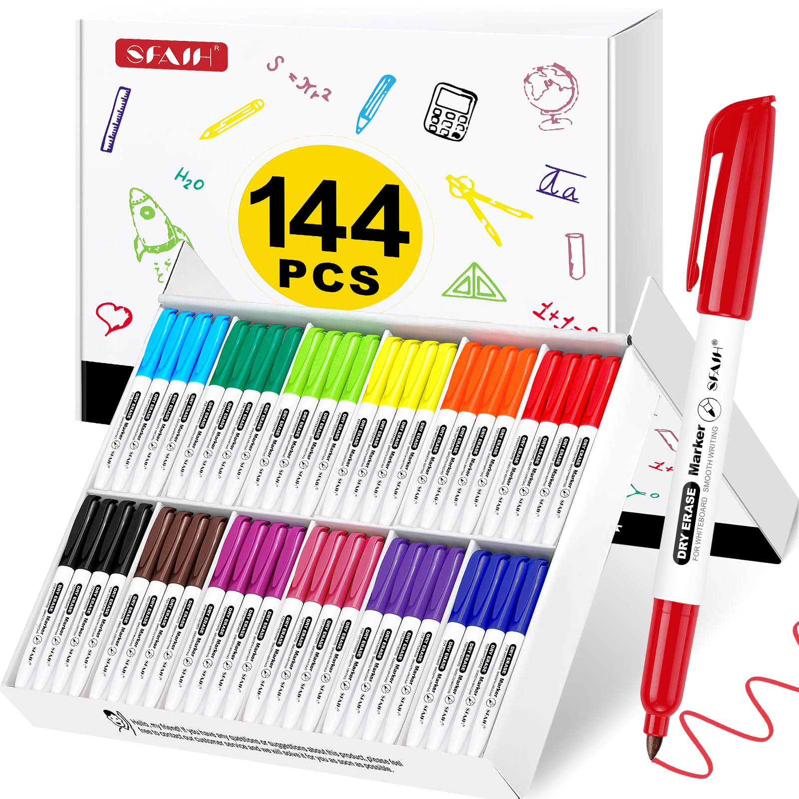 SFAIH Dry Erase Markers Fine Tip 12 Colors, 144 Pack (12 Dozen) - Pre-Sorted in 12-Compartment Tray | Bulk Classroom Organization | Low Odor