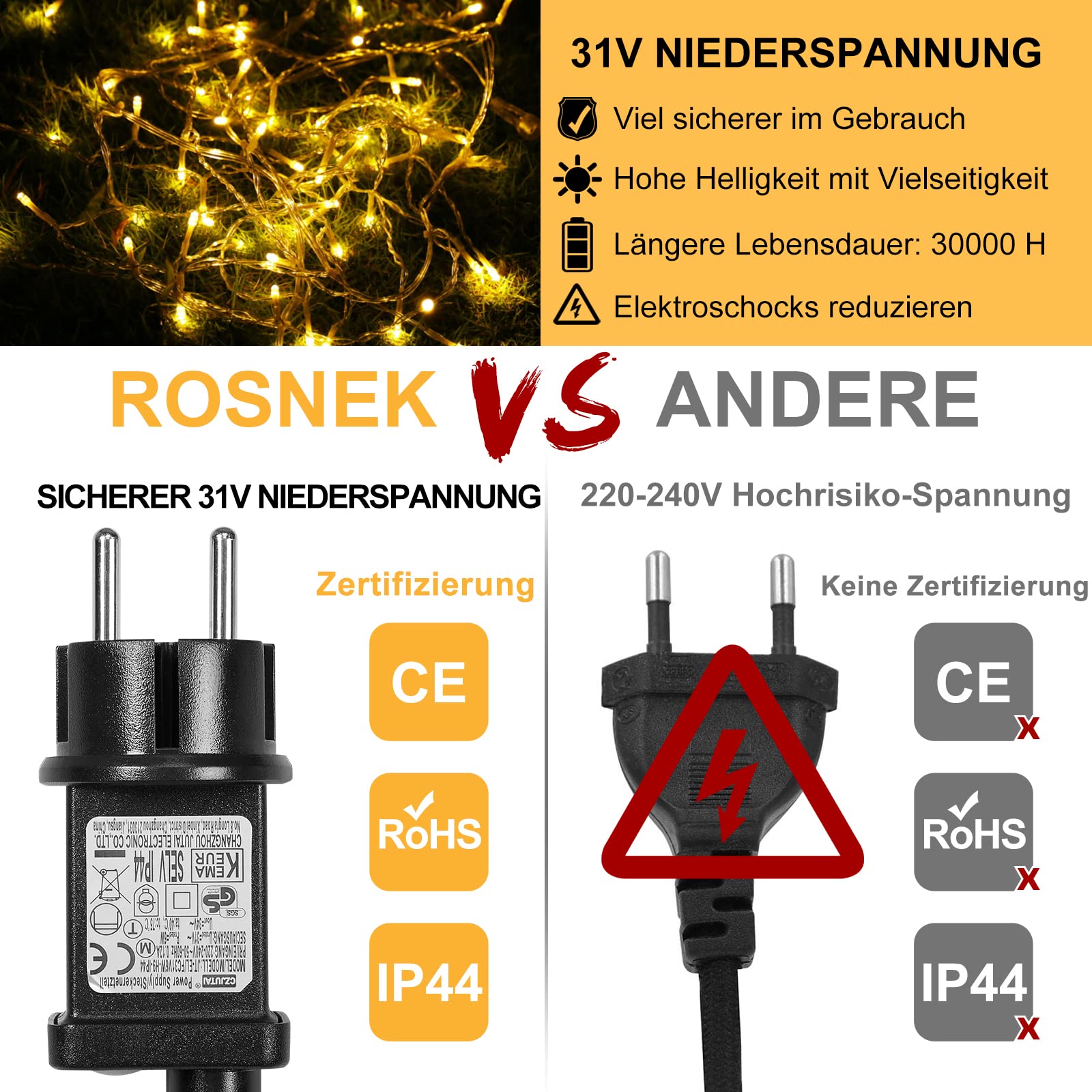 Rosnek Eisregen Lichterkette, 15M Außen Wasserdicht, 600LEDs mit Speicherfunktion, 8-Modi & Timer, Eiszapfen Lichterkette Weihnachtsbeleuchtung für Traufe, Pavillons, Balkon, Geländer