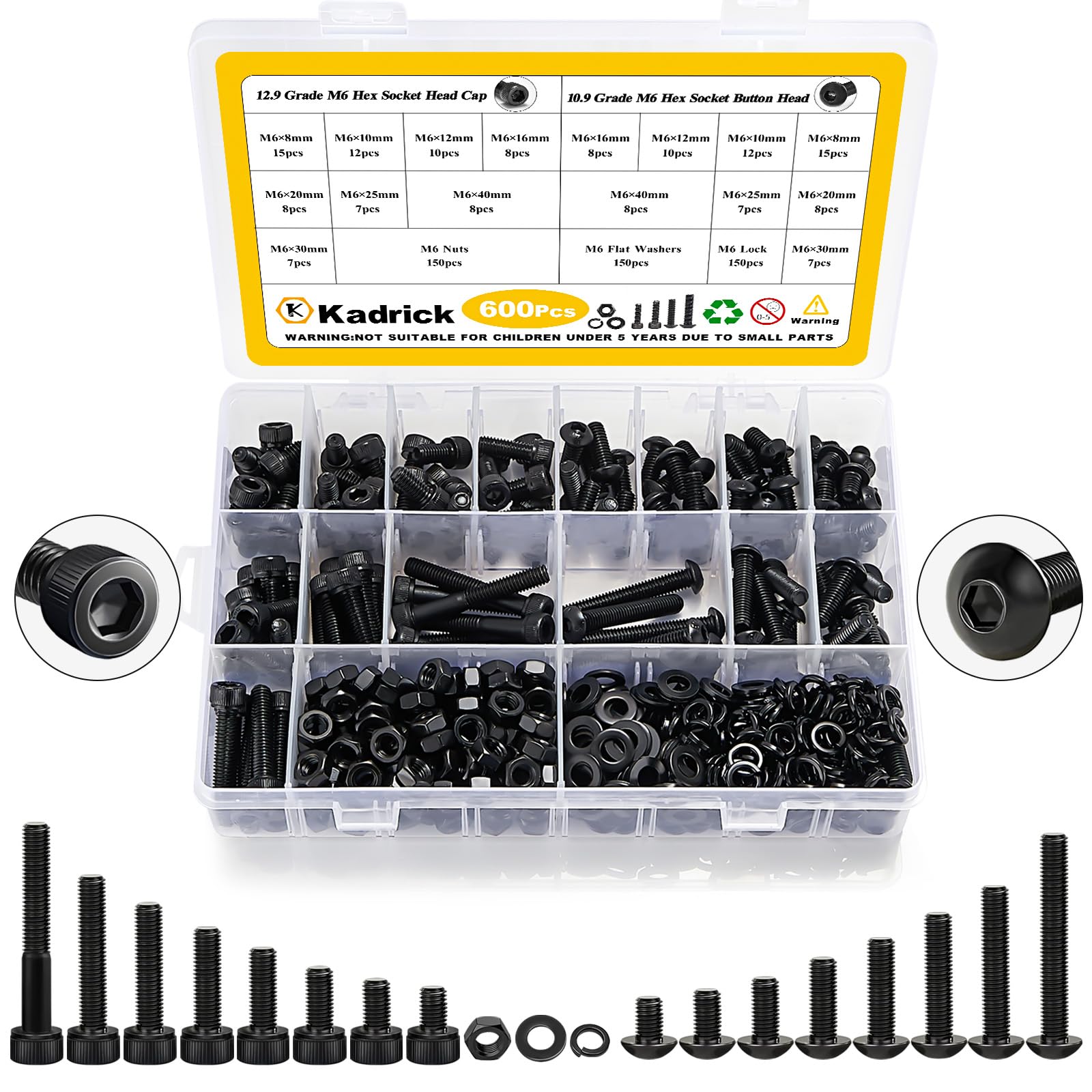 Kadrick Metric Screws Assortment,600 Pcs M6 Screws Nuts Washers Assortment M6x8MM-40MM, Hex Socket Button & Cap Head M6 Machine Bolts Kit, 12.9 & 10.9 Grade Alloy Steel Black