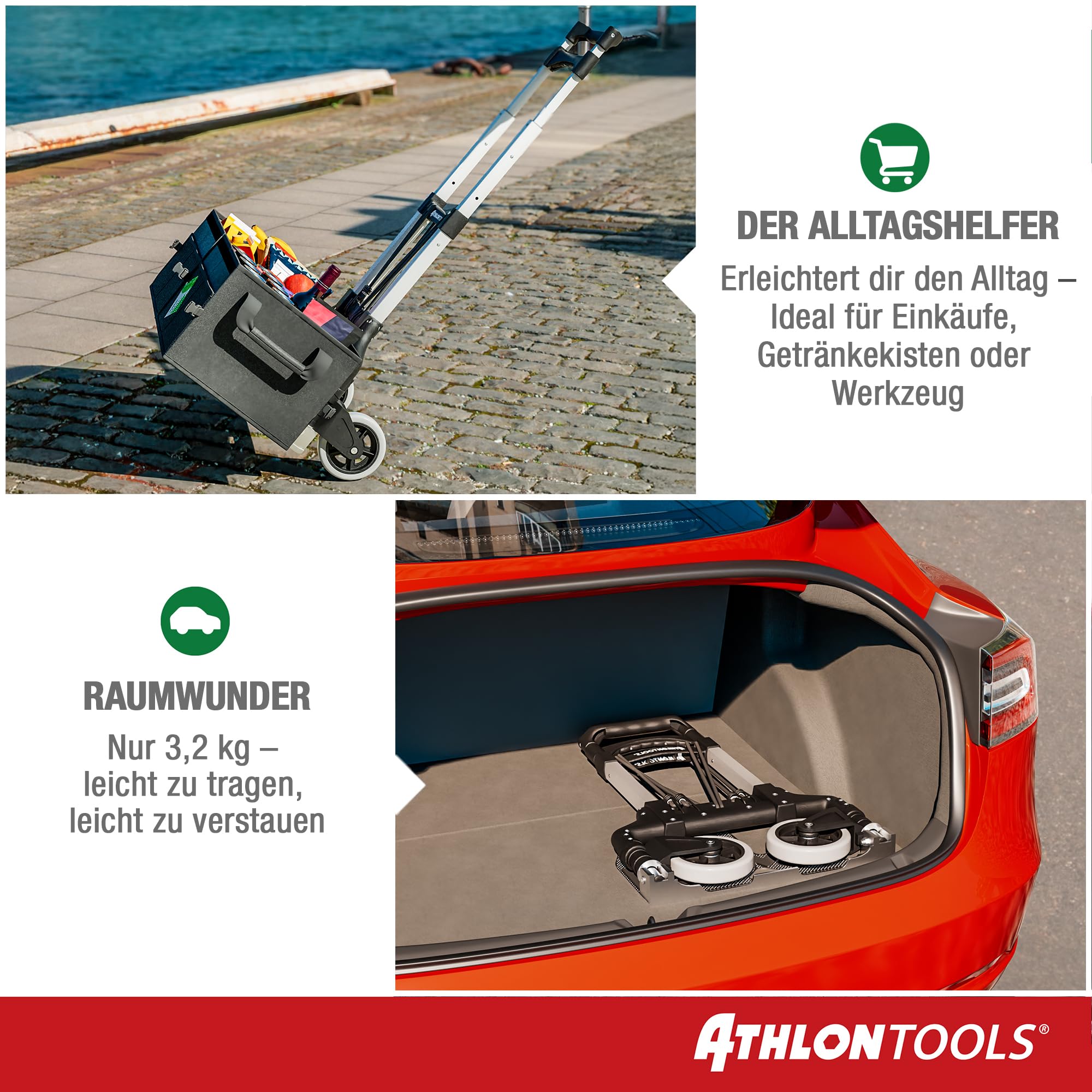 ATHLON TOOLS Aluminium Transportkarre klappbar TÜV GS-geprüft – Langer Teleskopgriff 110 cm, Anti-Rutsch-Pads, Soft-Laufräder, inkl. 2 Expanderseile - Sackkarre klappbar Alu kompakt & leicht