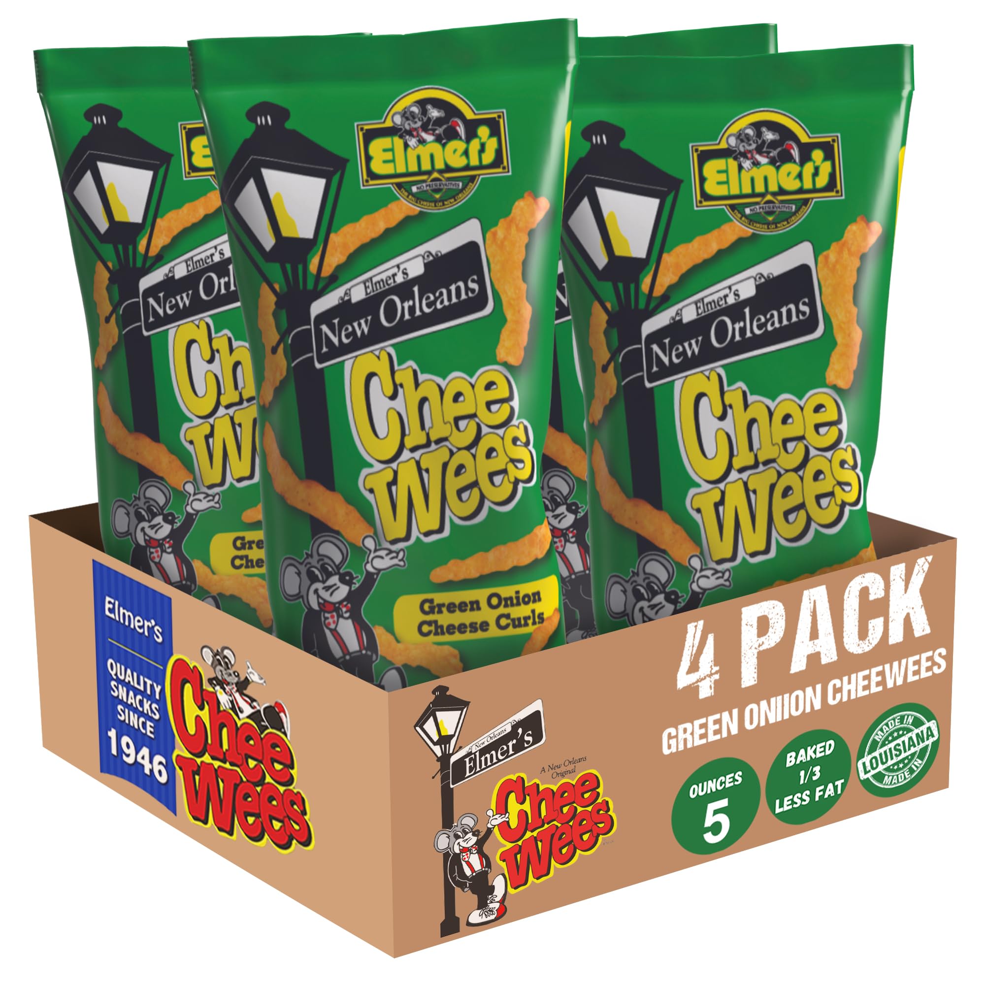 Elmer's New Orleans Chee-wee's, Authentic NOLA Green Onion Flavor, Irresistible Crunchy Snack Delight 5 oz Bag, Pack of 4
