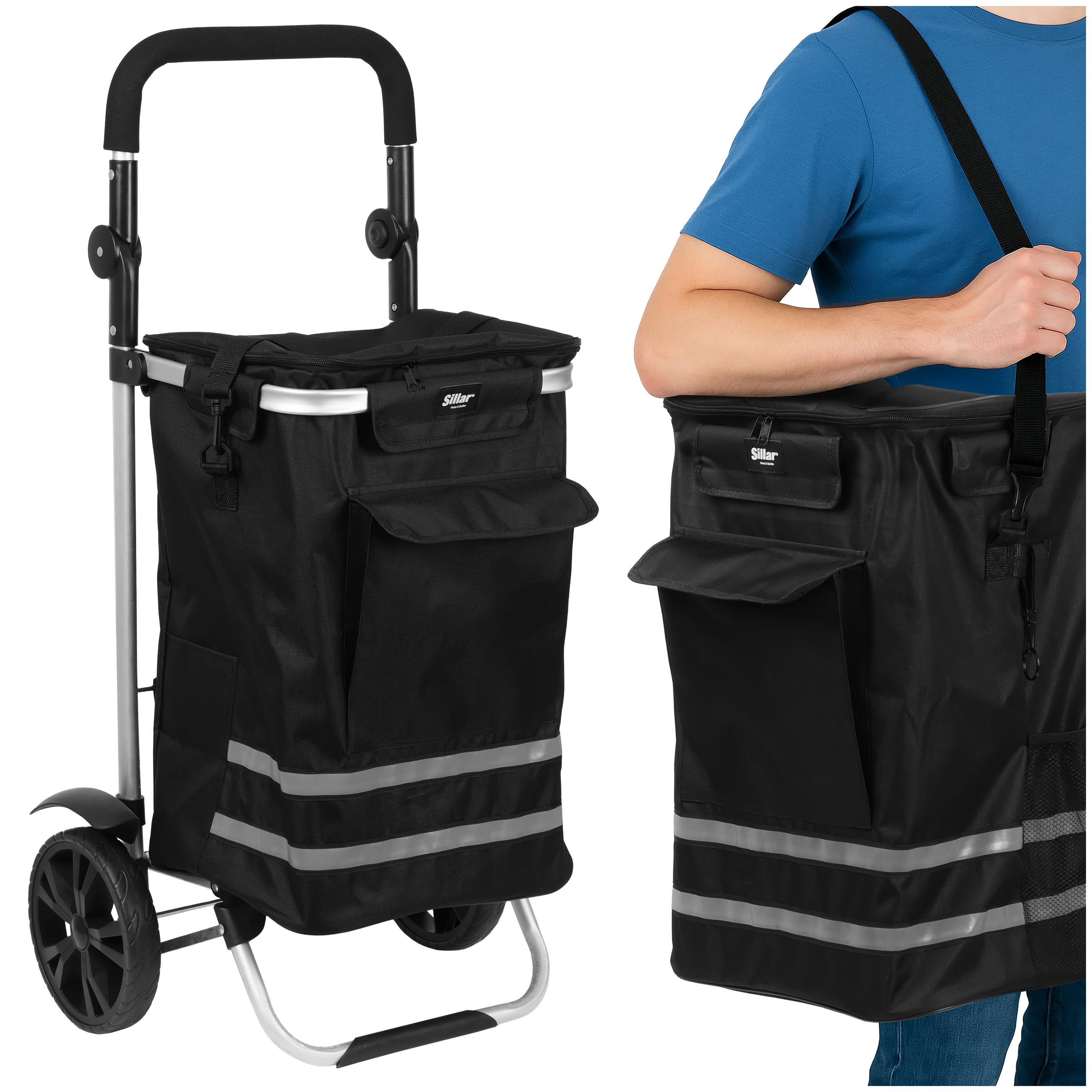 Sillar Trolley Spesa Pieghevole 56 L con Borsa Frigo 5 L – Carrello Porta Spesa Ruote/Carrello per la Spesa con Ruote, Carrellino Spesa 4 Ruote, Shopping Trolley 50 kg, Nero