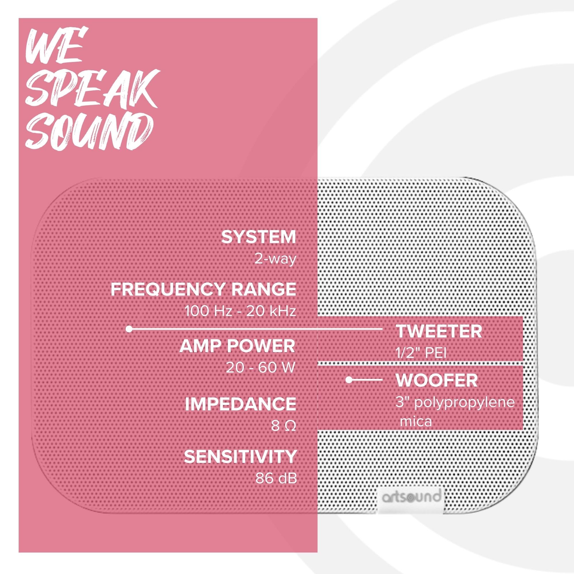 Artsound UNI30, zestaw 2 głośników pasywnych, 2-drożny głośnik HiFi, 20-60 W, uchwyt ścienny z przegubem kulowym, odpowiedni do pomieszczeń o powierzchni do 40 m², takich jak kuchnia, kawiarnia,