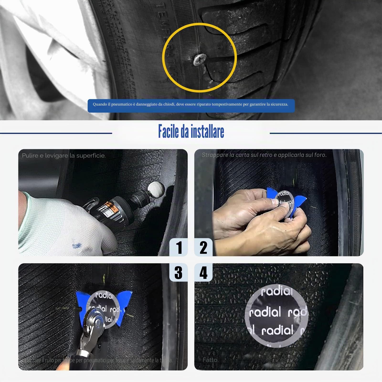 Glarks Kit di 25 pezzi per riparazione pneumatici che include rullo per toppe pneumatici, raschietto per rivestimento interno pneumatici e toppe rotonde in gomma naturale per forature pneumatici