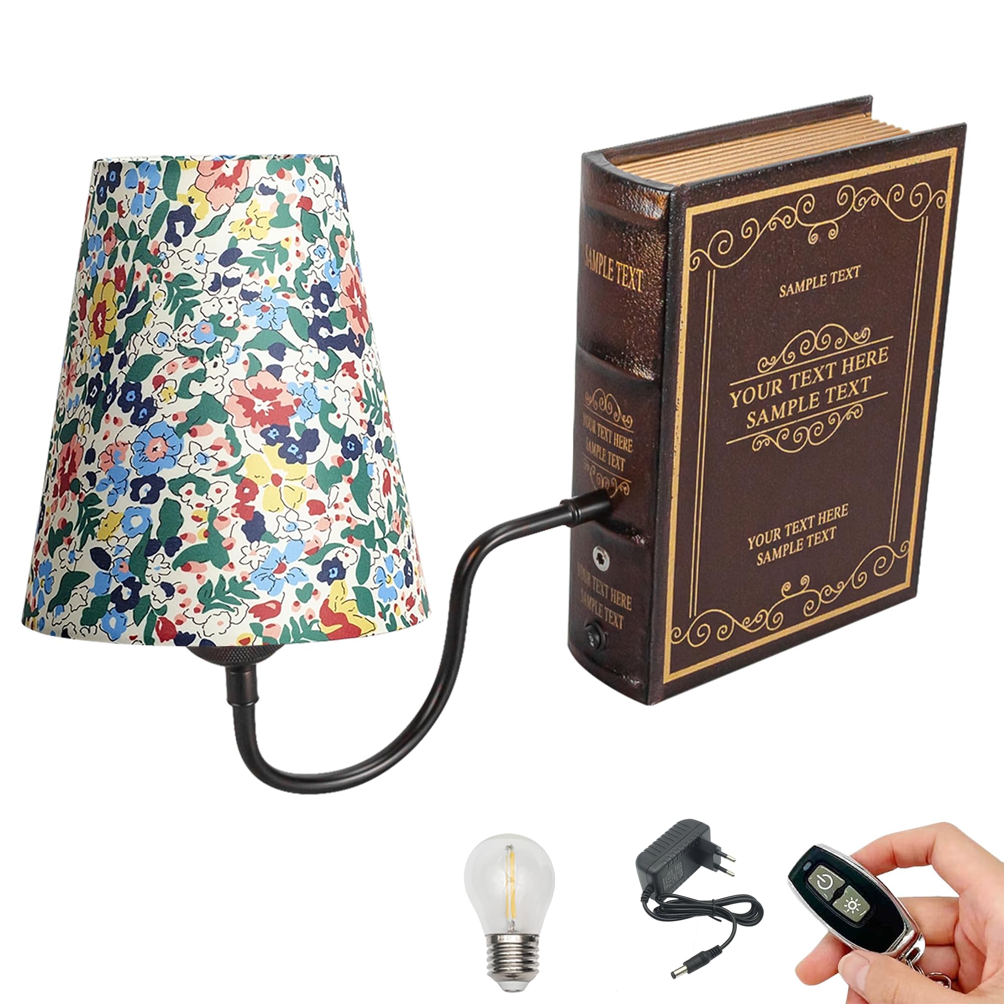 LED Buchlampe mit Fernbedienung, Vintage Dimmbar Nachttischlampe mit Stoffschirm 1xE27-Fassung, Wiederaufladbare Tischlampe Zeitschaltuhr für Nachttisch Beistelltisch DZ0365-DSH