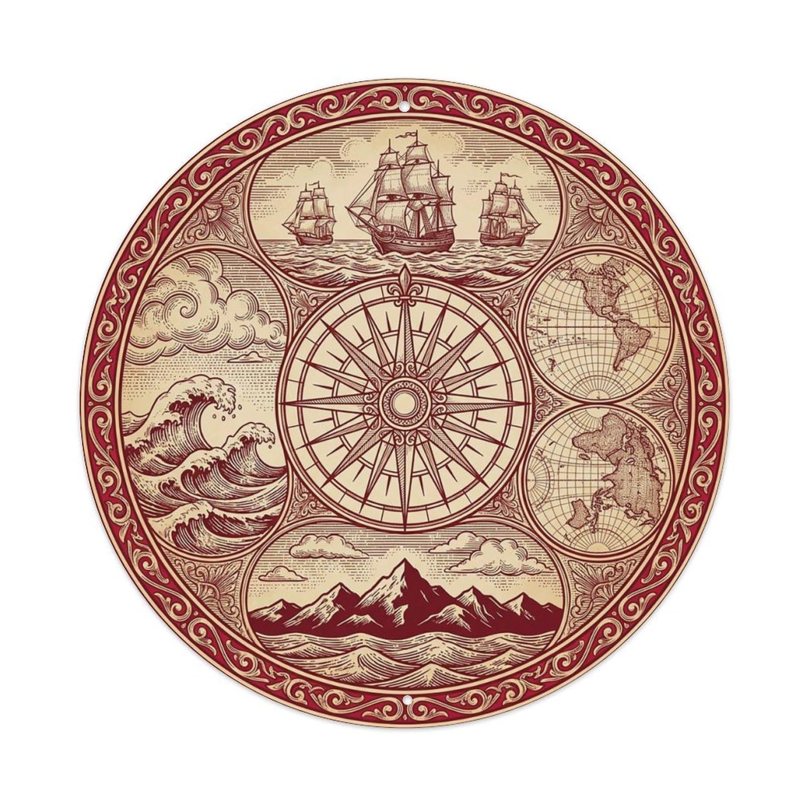 Vintage Nautical Compass World Map Protractor Chronicle Metal Tin Sign
