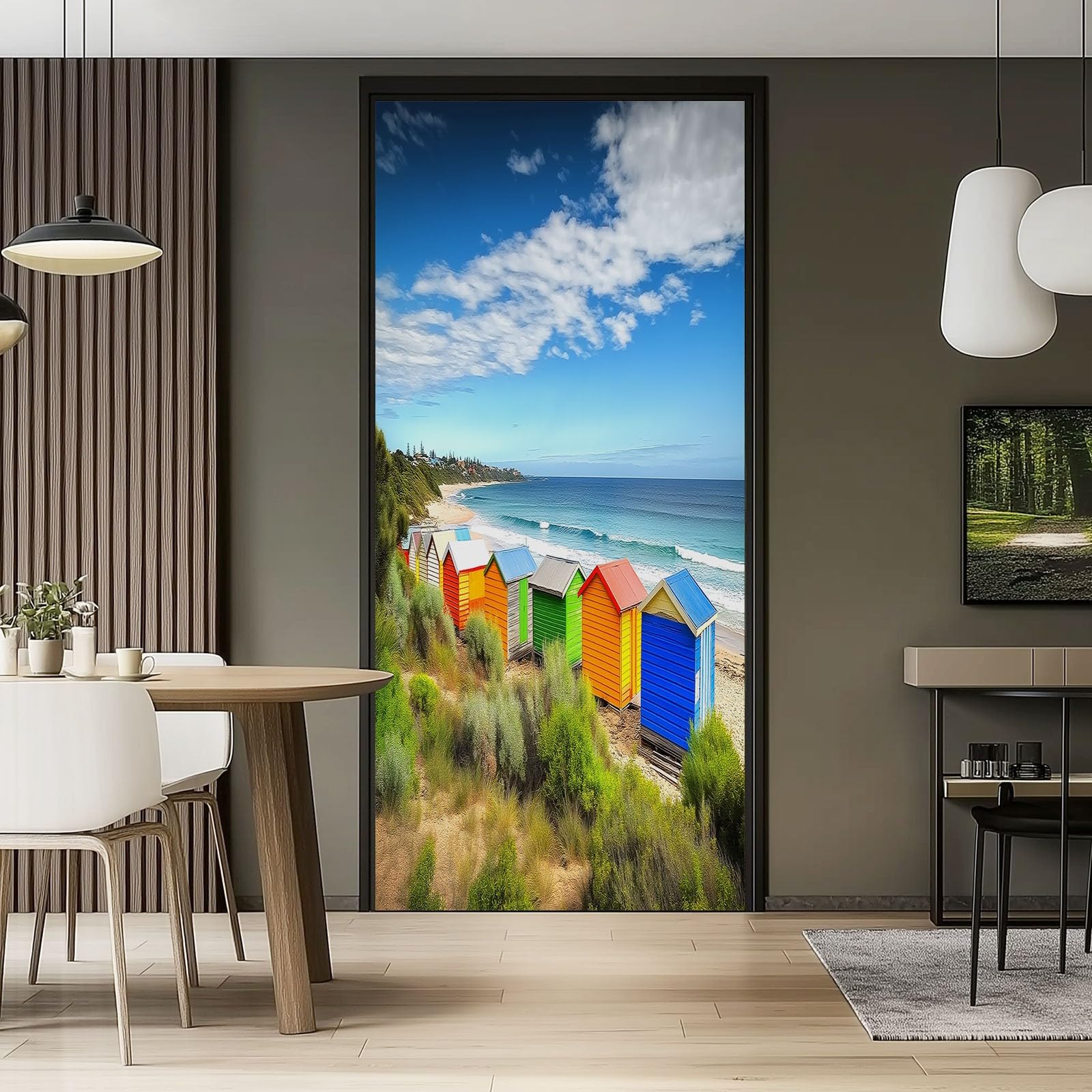 Naklejka na drzwi 3D, samoprzylepna, PCW, 90 x 200 cm, zdejmowana farba, wodoszczelna, do sypialni, kuchni, łazienki, biura, dekoracja na drzwi - nadmorska chatka, plaża, roślina, naklejka na drzwi