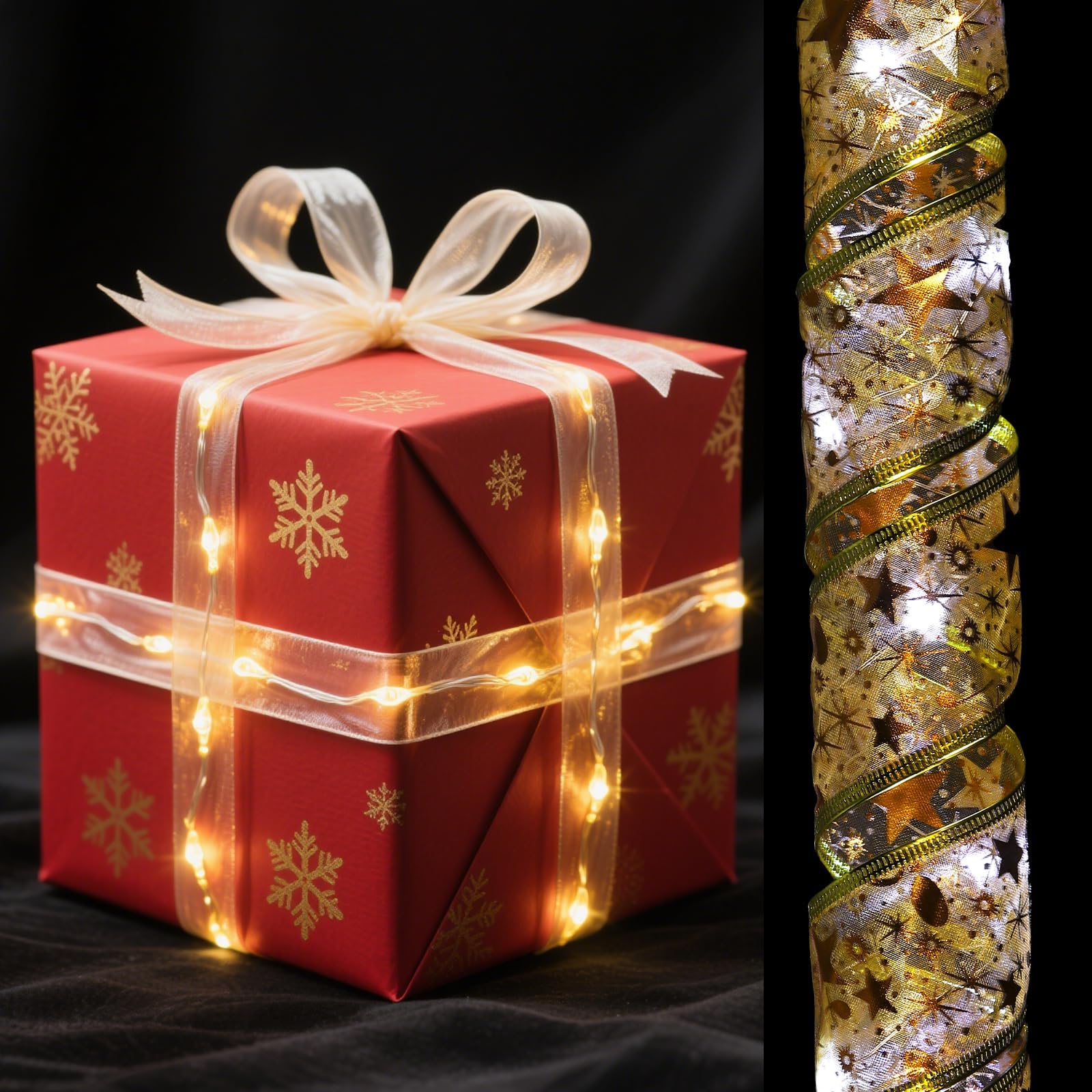 uxcell LED Lights Copper Wire Ribbon, 3.28Ft 10 Battery Powered Christmas Tree Decorations String for Party Weddings Christmas Tree (Gold, White Light)