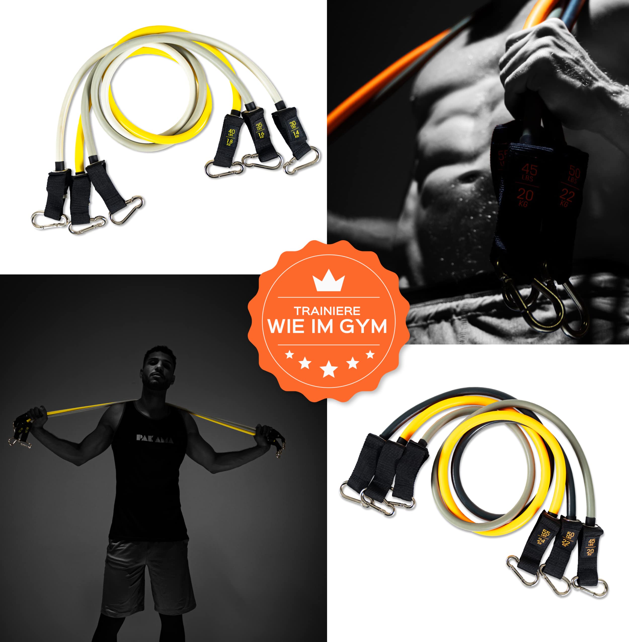 PAKAMA - Premium Widerstandsbänder (inkl. App) mit Stange oder Griffe für Home Workout & Krafttraining Zuhause - Extrem Resistance Bands 4,5kg - 24kg - Fitness-Bänder für bis zu 220kg Widerstand