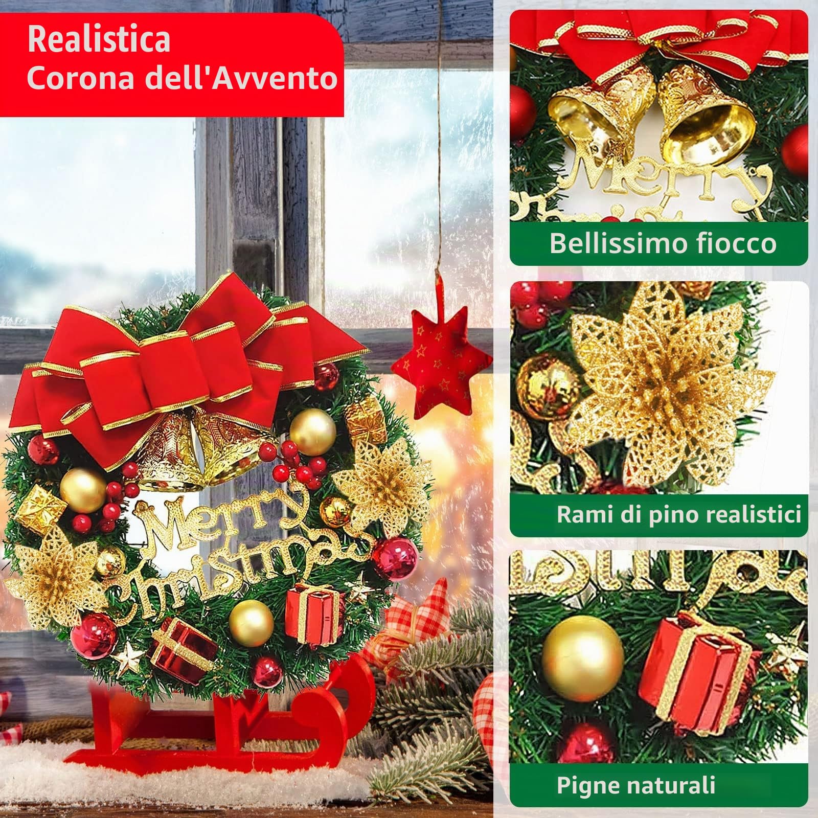 Ghirlanda Natalizia 30cmChristmas Wreath con Campane Ghirlanda Artificiale Ghirlanda di Buon Natale Decorativa Christmas Ghirlanda Porta Regalo di Natale Ringraziamento Decorazioni