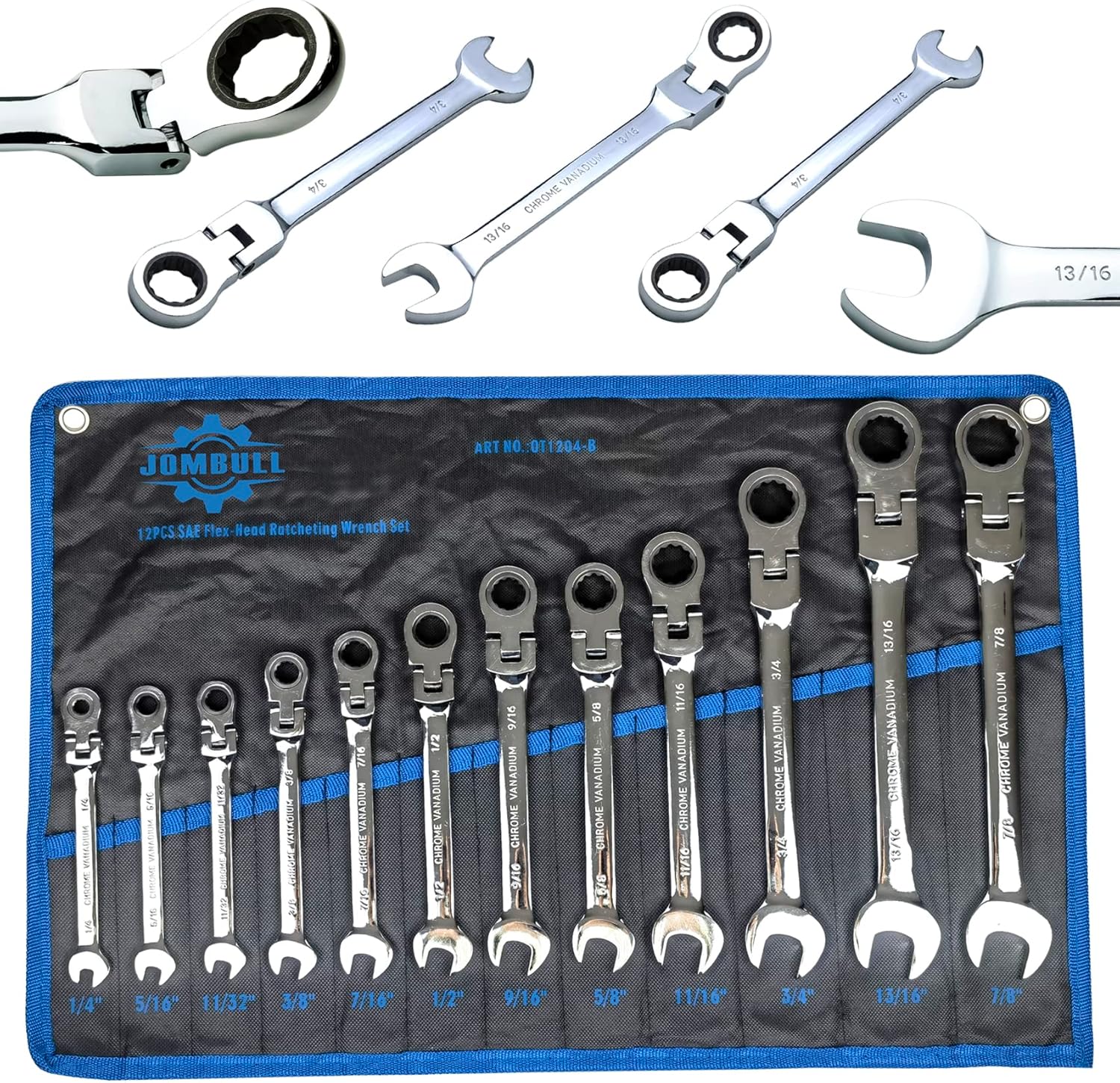 12 pcs Flex Head Ratcheting Wrench Set SAE, 1/4" to 7/8" CrV